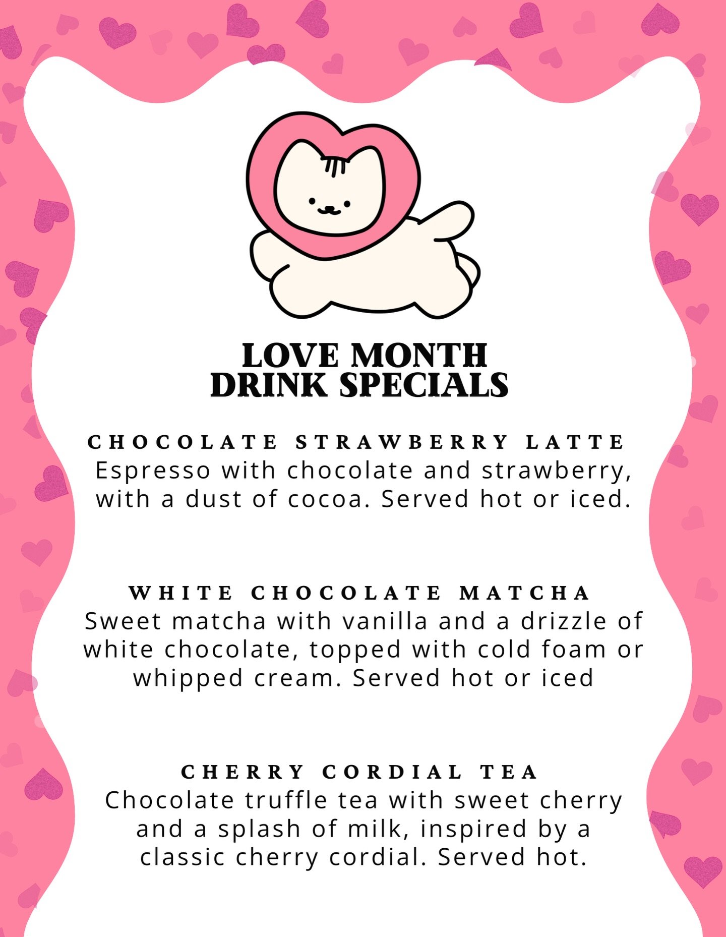 Love Month has entered the chat at the Santa Fe Cat Cafe 💗☕️

Our February drink specials are officially here and they&rsquo;re sweet, cozy, and very crush-worthy 💌

Treat yourself to limited-time favorites like our Chocolate Strawberry Latte, Whit