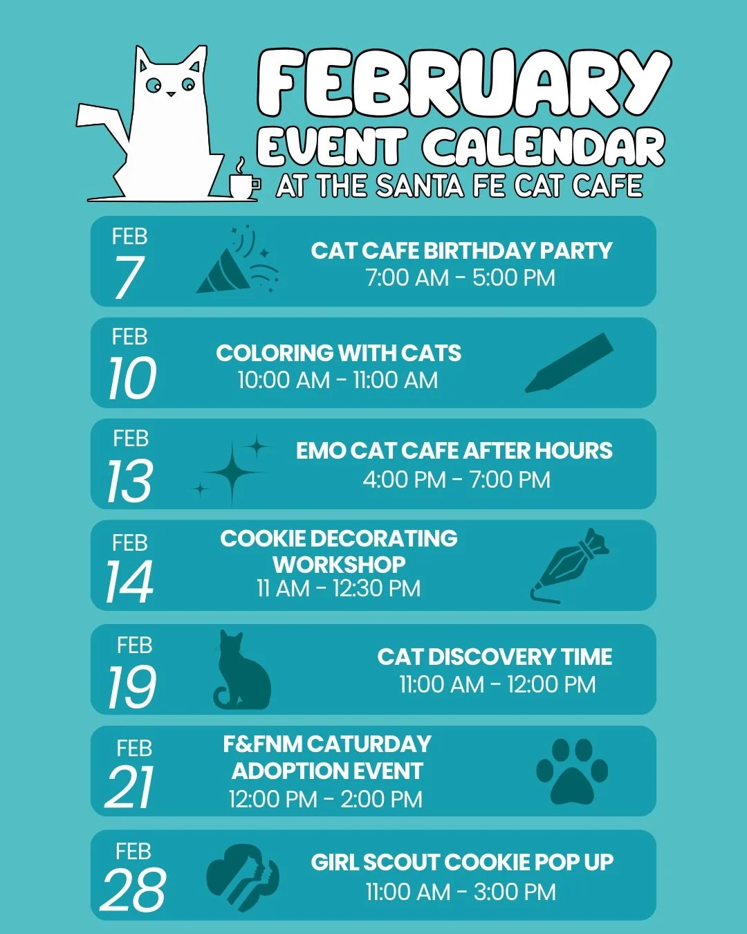 February at the Santa Fe Cat Cafe is officially stacked 🐾💘

From our 2 year birthday party to cozy creative mornings and after-hours fun, we&rsquo;ve got something for everyone this month 😻

🎉 Friday, February 7
Cat Cafe Birthday Party
7:00 AM &n