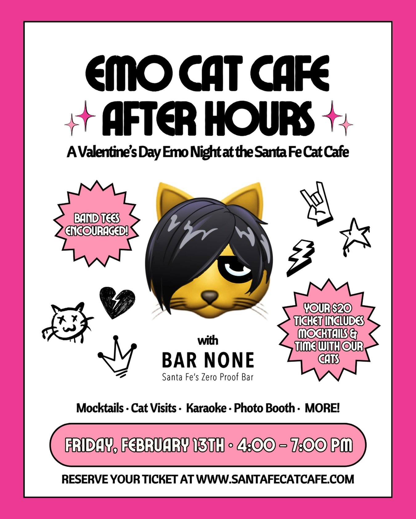 🖤 Emo Cat Cafe: After Hours at the Santa Fe Cat Cafe is almost here ✨

Sad songs, cute cats, big feelings. Come sing your heart out, sip something cozy from @barnone_santafe and hang with adoptable kitties 🐈&zwj;⬛🎤

🎟 Tickets are available online