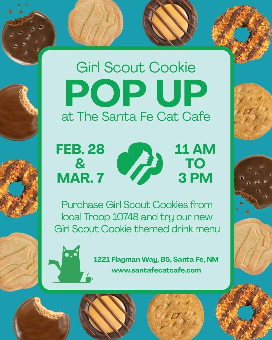 Girl Scout Cookies are coming to the Santa Fe Cat Cafe!🍪💚🙀

Join us Feb. 28 &amp; Mar. 7 from 11 AM to 3 PM to stock up on cookies from local Troop 10748 and sip on our limited time cookie inspired drink specials ☕️

Our three Girl Scout drink spe