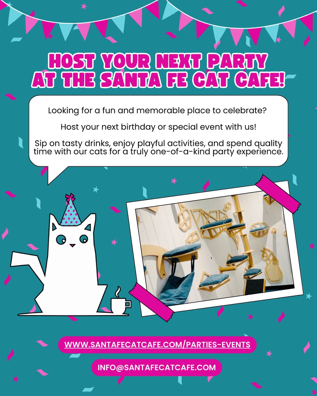 Host your next party at the Santa Fe Cat Cafe 🎉🐾

Celebrate with cats, crafts, and cozy cafe vibes without the stress of hosting at home. Our party packages make it easy to plan birthdays, family celebrations, and small group gatherings for cat lov
