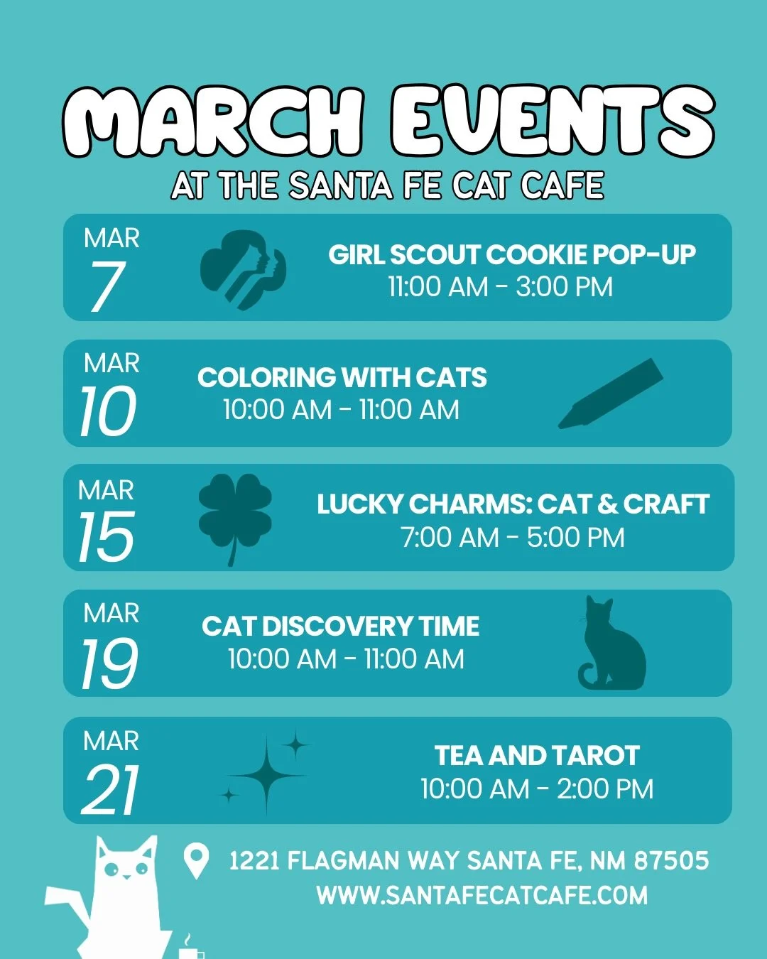 March events at the Santa Fe Cat Cafe 🐈☘️

We&rsquo;ve got a fun month ahead with crafts, cookies, coloring, and even tarot readings! Whether you&rsquo;re stopping in for coffee, spending time in the cat lounge, or bringing the kids for a family act