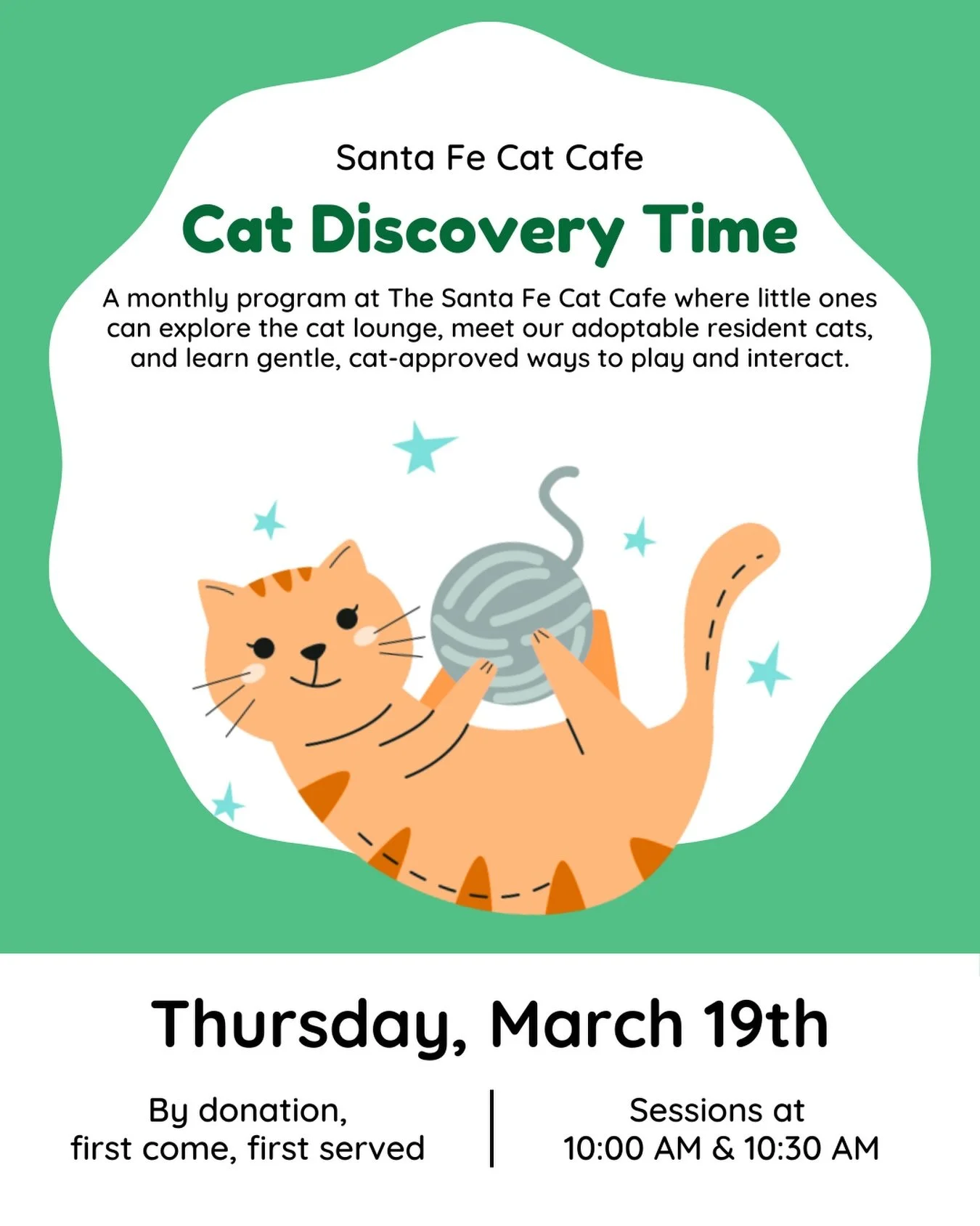 Cat Discovery Time at the Santa Fe Cat Cafe 🐈&zwj;⬛✨

Our monthly Cat Discovery Time program invites little ones to explore the cat lounge, meet our cats, and learn gentle, cat-approved ways to play and interact.

It&rsquo;s a fun and educational wa
