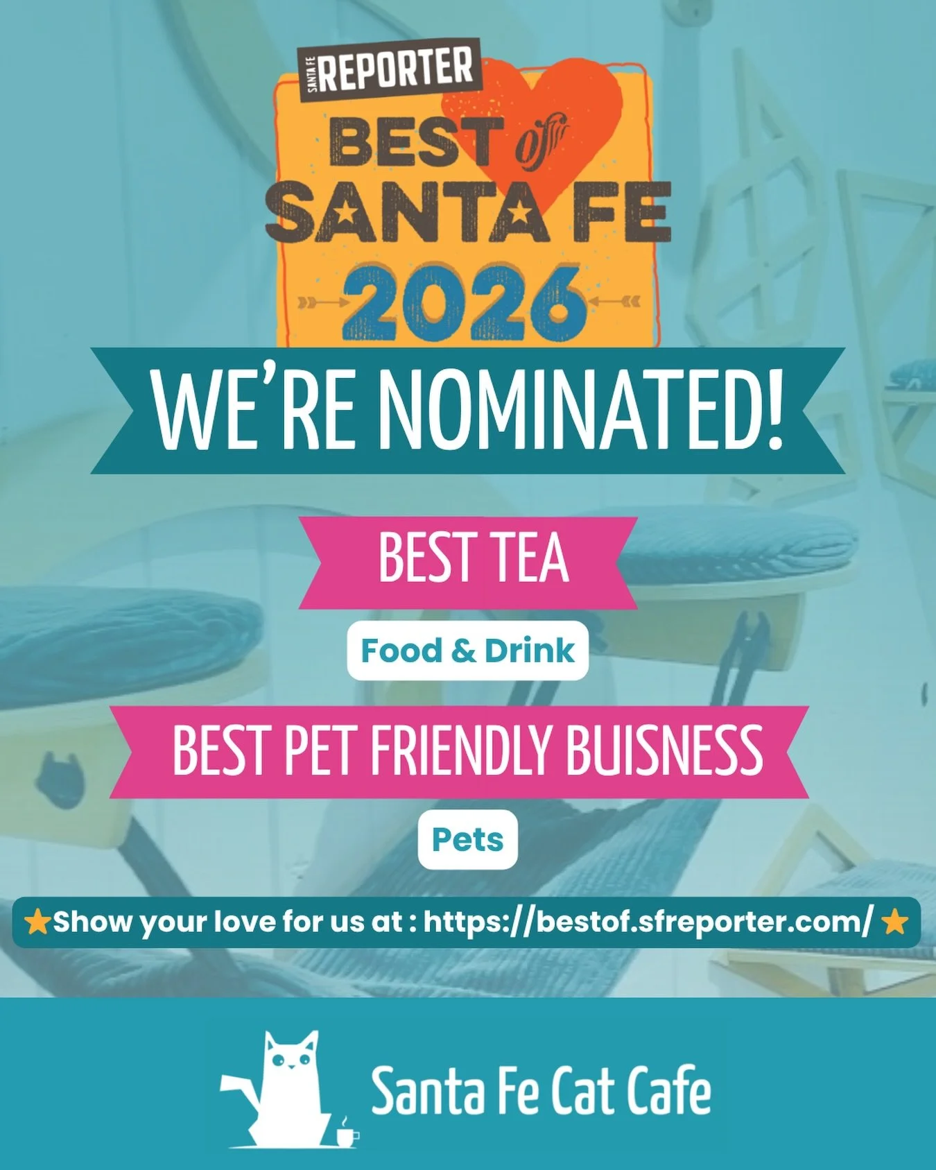 Nominated?! 😭✨ we&rsquo;re so honored!!

The Santa Fe Cat Cafe is officially nominated in the 2026 Santa Fe Reporter Best of Santa Fe 🐾

Best Tea 🫖 
Best Pet Friendly Business 🐈&zwj;⬛

If you&rsquo;ve ever sipped tea with us, met your new best fr