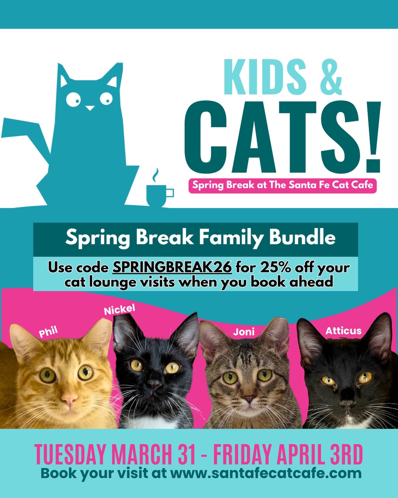 Spring break plans = handled 🐾

Bring the whole family in next week for some quality cat time! Cozy up in the lounge, meet adoptable cats like Phil, Nickel, Joni, and Atticus, and make it a little outing.

Use code SPRINGBREAK26 for 25% off when you