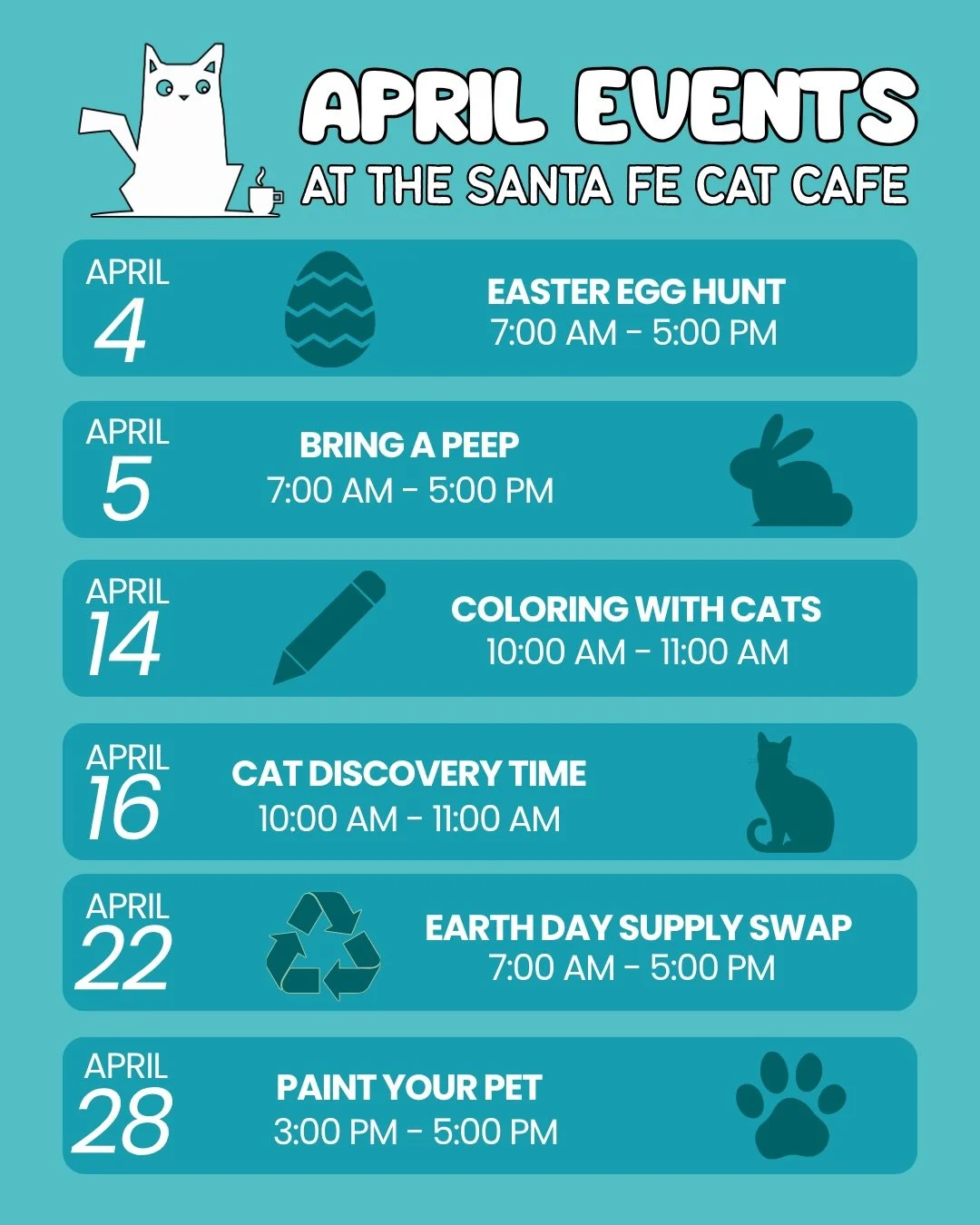 April events at the Santa Fe Cat Cafe 🌷😸

Looking for things to do in Santa Fe this April? Spend time at the Santa Fe Cat Cafe with adoptable cats, cozy vibes, and a full lineup of fun events all month long.

⭐️ April events at the Santa Fe Cat Caf