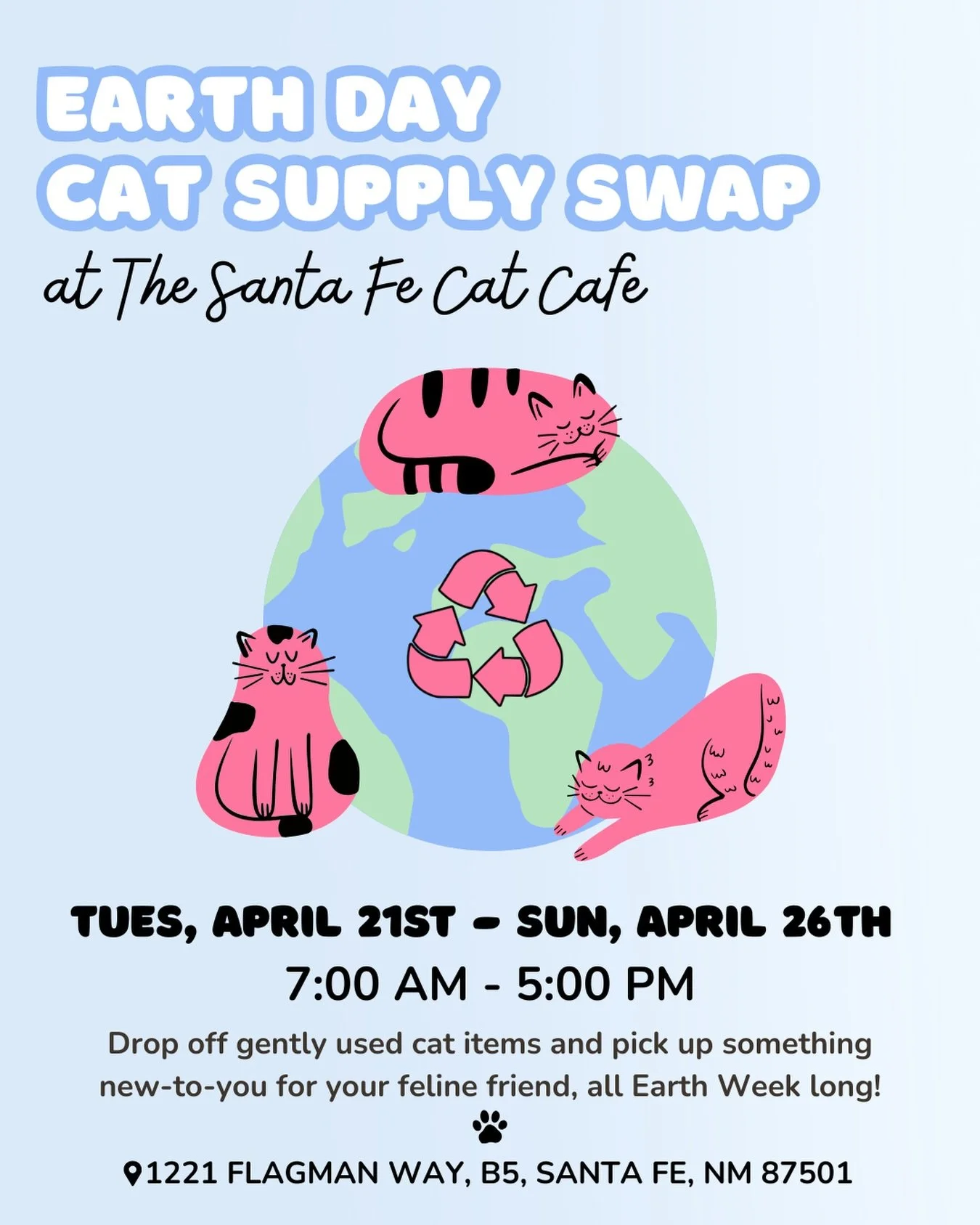 Don&rsquo;t toss it. Swap it 🐱🌎♻️

Join us next week at the Santa Fe Cat Cafe for a community Cat Supply Swap in honor of Earth Day. Bring gently used cat items and pick up something new-to-you for your cat.

Need ideas on what to bring?
⭐️ Unopene