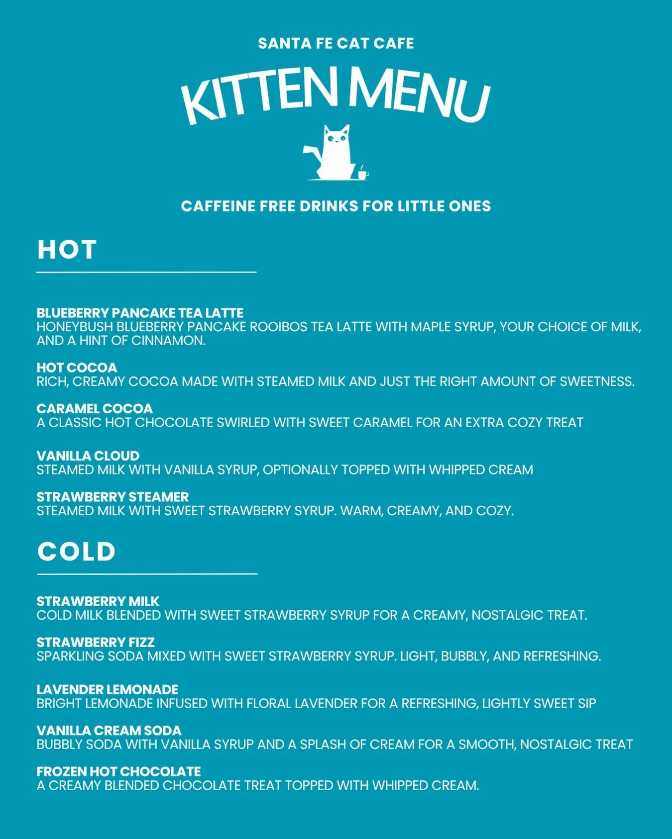 A little something for our tiniest cat cafe guests 🐱🥛

Our Kitten Menu is here, filled with caffeine-free drinks that are just as fun and cozy as the grown-up versions.

✨ From Strawberry Milk to Frozen Hot Chocolate, there&rsquo;s something sweet 