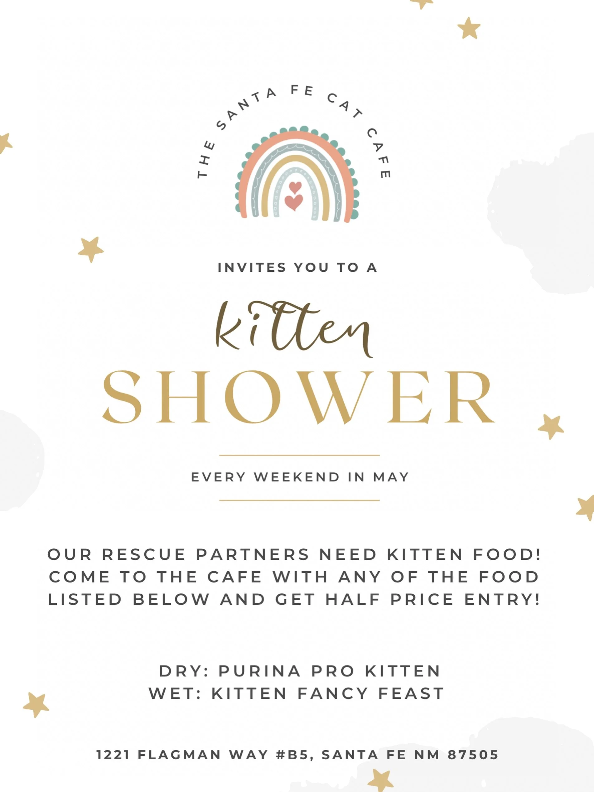 Kitten season is here and we need your help 🐾

Join us for a Kitten Shower every weekend in May at the Santa Fe Cat Cafe. Bring kitten food for our rescue partner @9livesrescuenm and enjoy half price cat lounge entry as a thank you 💛

We&rsquo;re c
