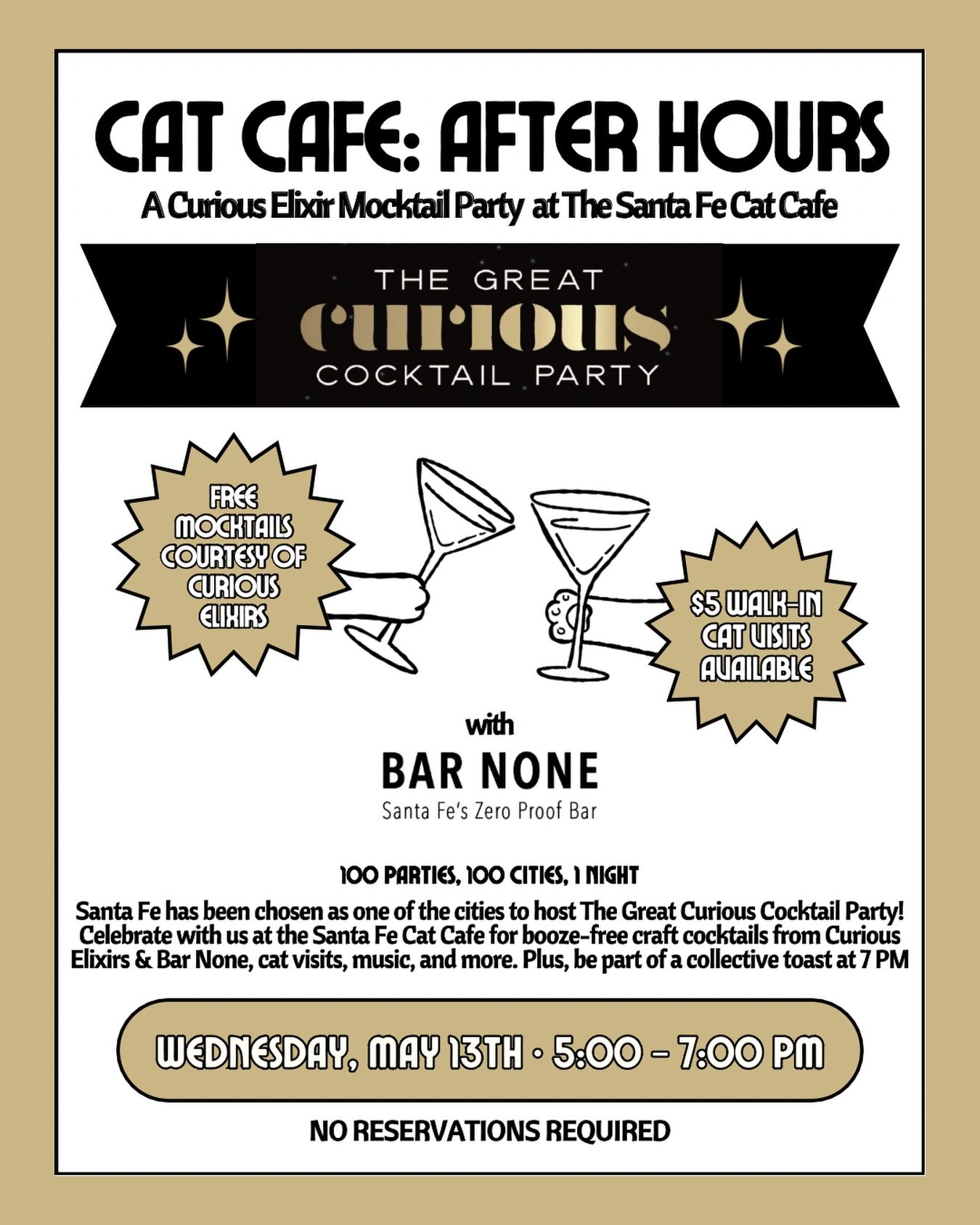 Cat Cafe: After Hours is back 🍸🐈&zwj;⬛✨

Join us for The Great Curious Cocktail Party at the Santa Fe Cat Cafe! Santa Fe has been selected as one of 100 cities hosting this nationwide celebration featuring booze free craft cocktails, community, mus