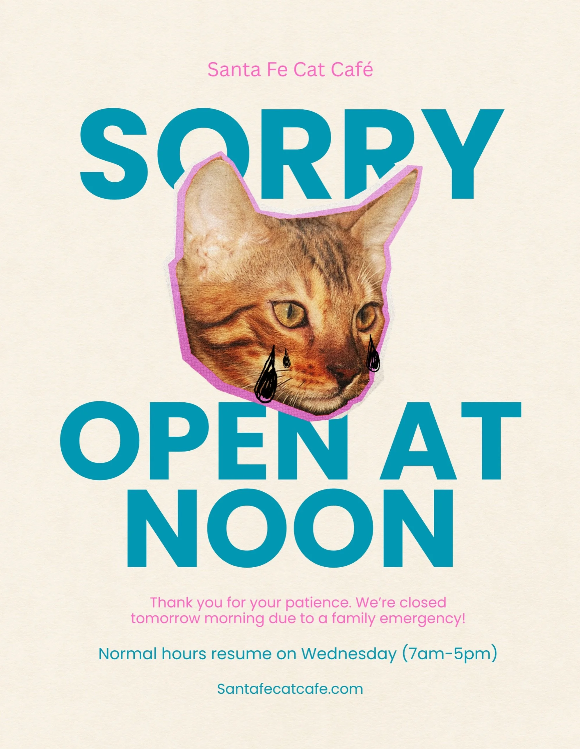 Heads up, cat friends 💙🐾

Santa Fe Cat Cafe will open at noon today due to a family emergency. Thank you so much for your patience and understanding while we take care of things behind the scenes! 🐱

Normal hours resume Wednesday (7am&ndash;5pm) ☕