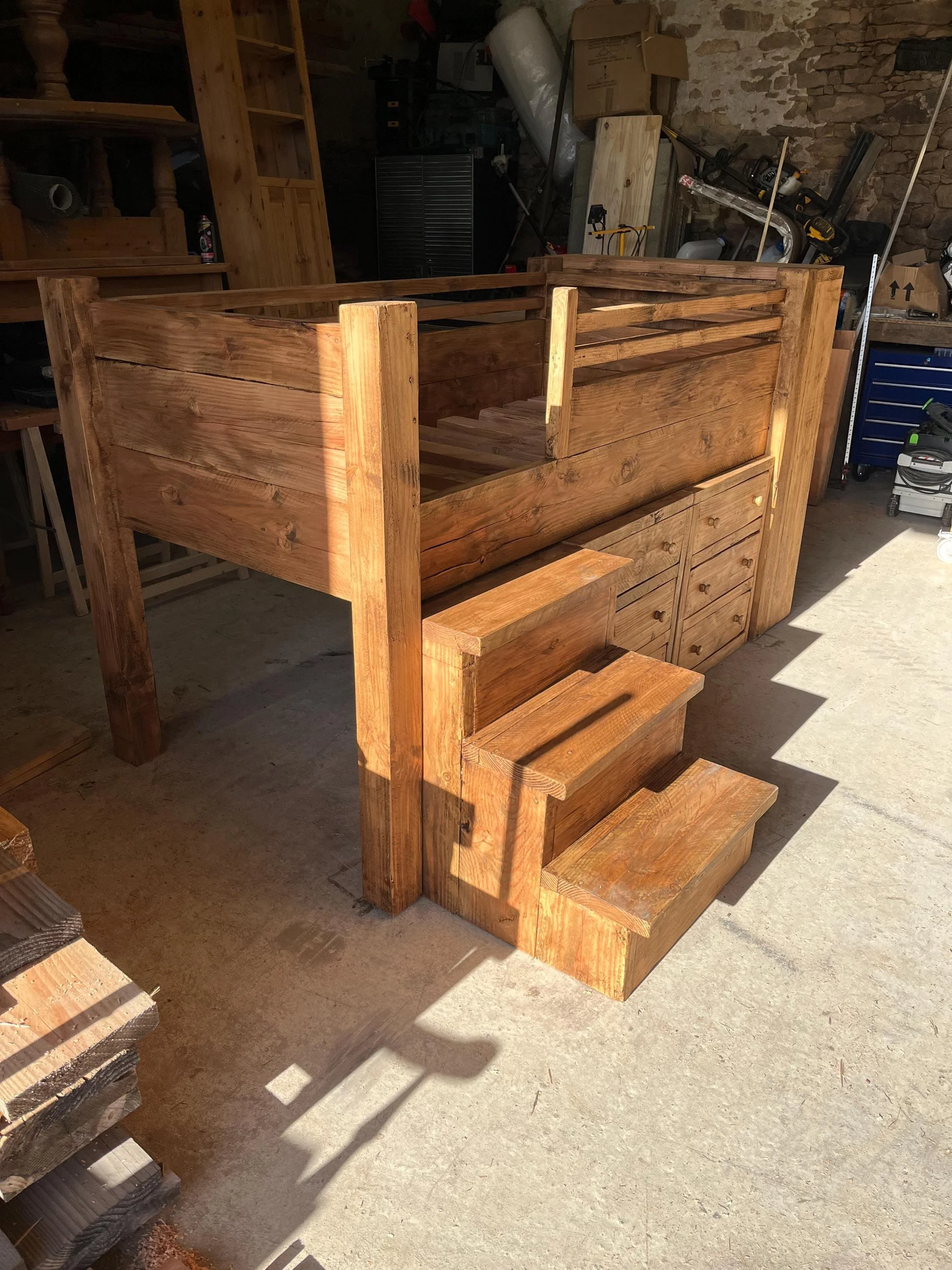 Handmade Solid wood Mid Sleeper with stairs, 2 chest of drawers and a end bookcase.