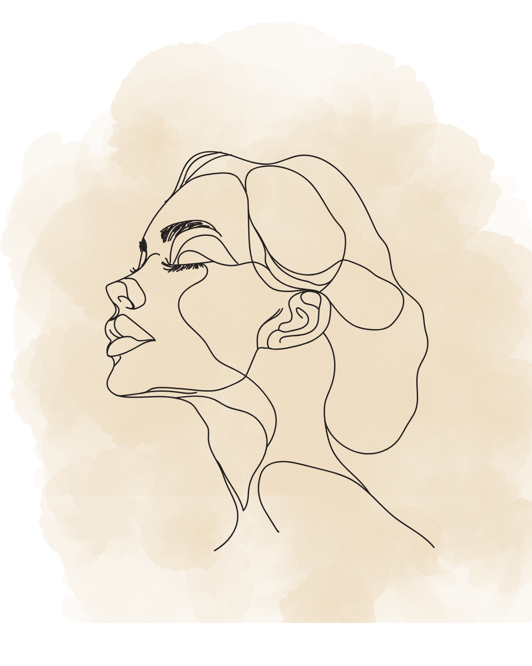 Line art illustration of a woman's profile with closed eyes, against a beige watercolor background.