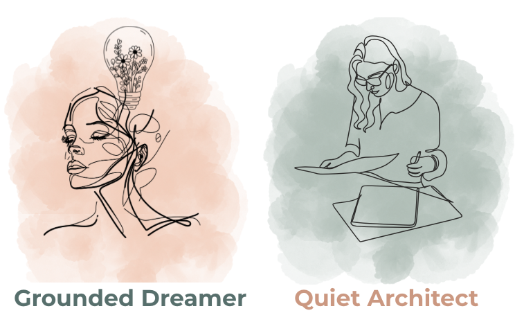 Two artistic line drawings: one of a woman with a light bulb above her head filled with flowers, labeled 'Grounded Dreamer'; the other of a woman working at a desk with architectural plans, labeled 'Quiet Architect'.