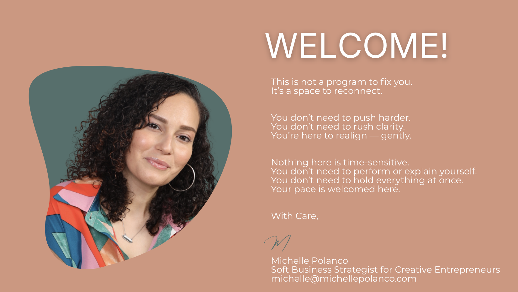 A welcoming card featuring a woman's photo, onboarding message, and contact information for Michelle Polanco, a soft business strategist for creative entrepreneurs.