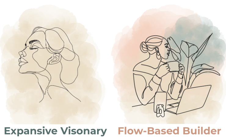 Two minimalist illustrations with watercolor backgrounds. The left illustration shows a woman with glasses and a bun, titled 'Expansive Visionary.' The right illustration depicts a woman with glasses working on a laptop, holding a coffee mug, with a plant nearby, titled 'Flow-Based Builder.'