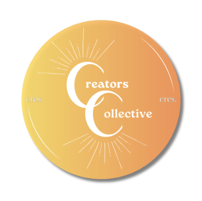 Circle logo with a gradient from yellow to orange background, featuring the words "Creators Collective" with stylized overlapping letters 'C' and radiating white lines.