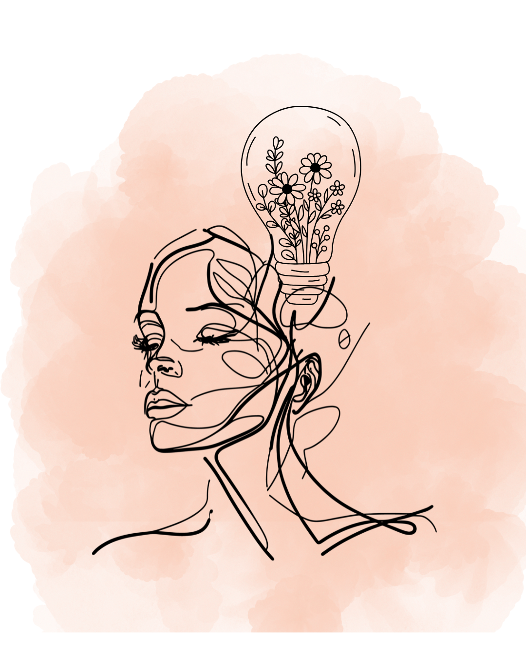 A line art illustration of a woman's face with her eyes closed, featuring an abstract light bulb above her head filled with flowers, set against a soft pink watercolor background.