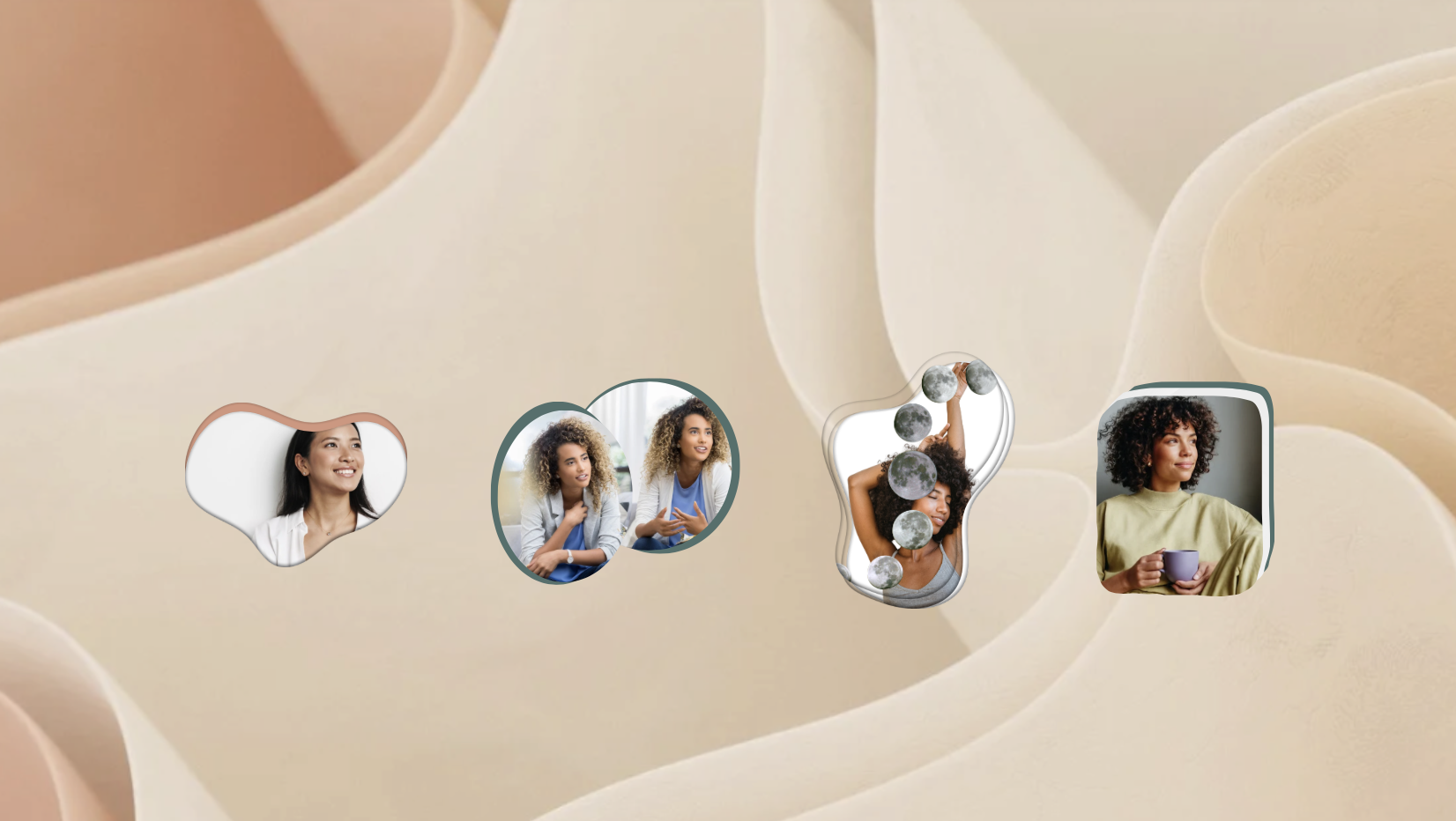 Collage of four women with different facial expressions on a soft, cream-colored background.