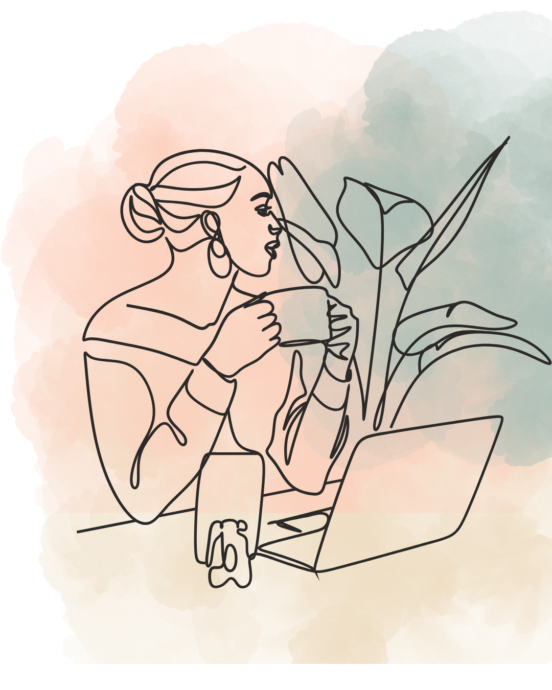 Line drawing of a woman drinking from a mug while sitting at a table with a laptop, a glass of water, and a potted plant, with a watercolor background.
