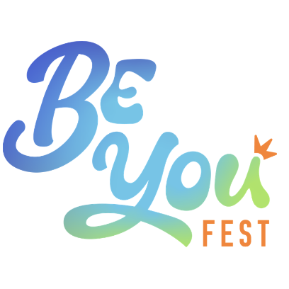 Colorful logo with the words 'Be You Fest' in stylized text, with a small starburst symbol on the letter 'u'.