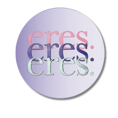 A circular badge with the word 'eres' repeated three times in pastel colors, with a purple background.