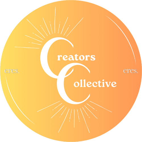Logo for Creators Collective with a yellow and orange gradient background, featuring white text and decorative lines radiating from the center.