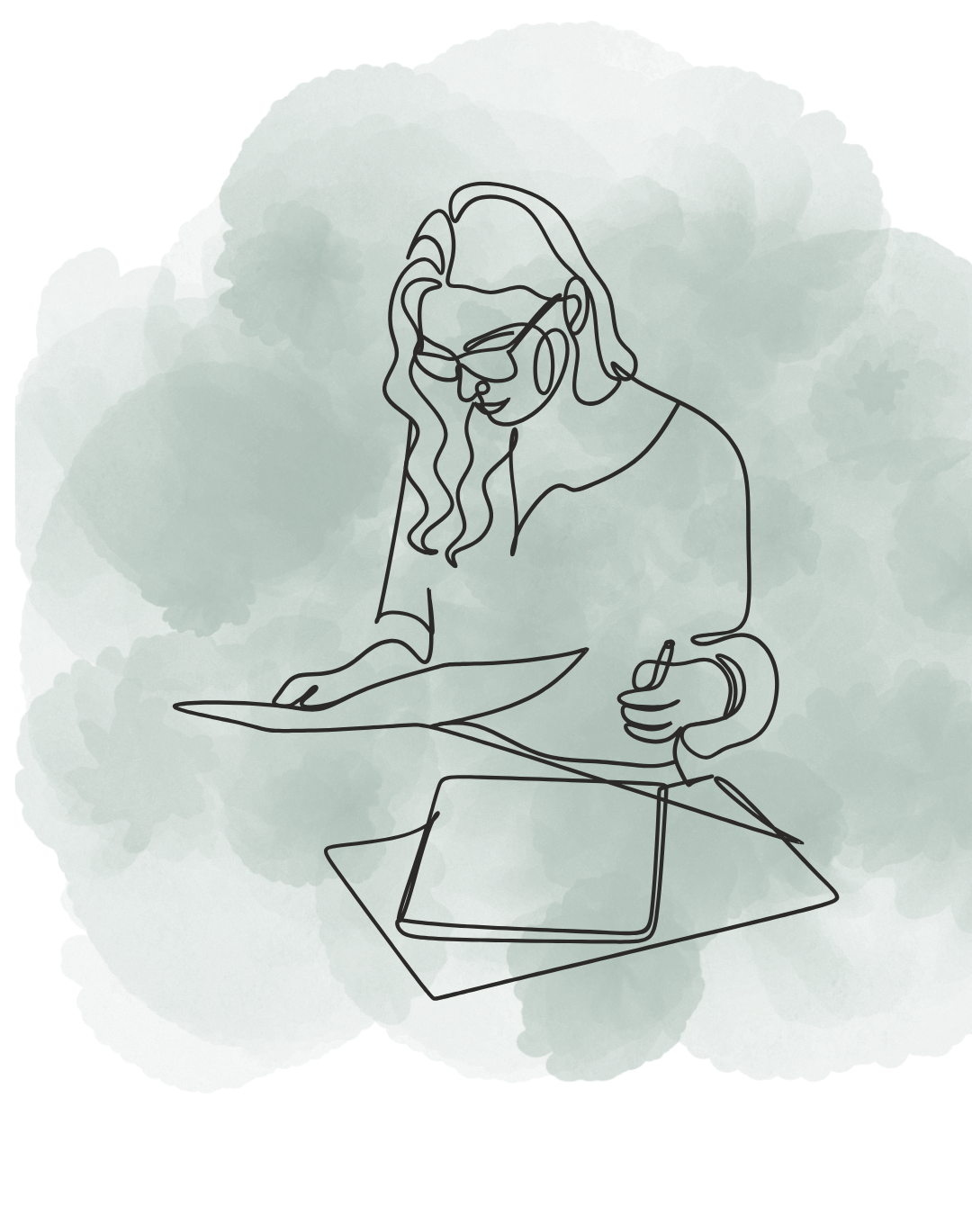 A digital line drawing of a woman with long, wavy hair wearing glasses, sitting at a table with a stylus in one hand and an open laptop in front of her, with a soft watercolor background.