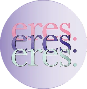 Close-up of a circular sticker with the word 'eres' written three times in different pastel colors, arranged vertically.