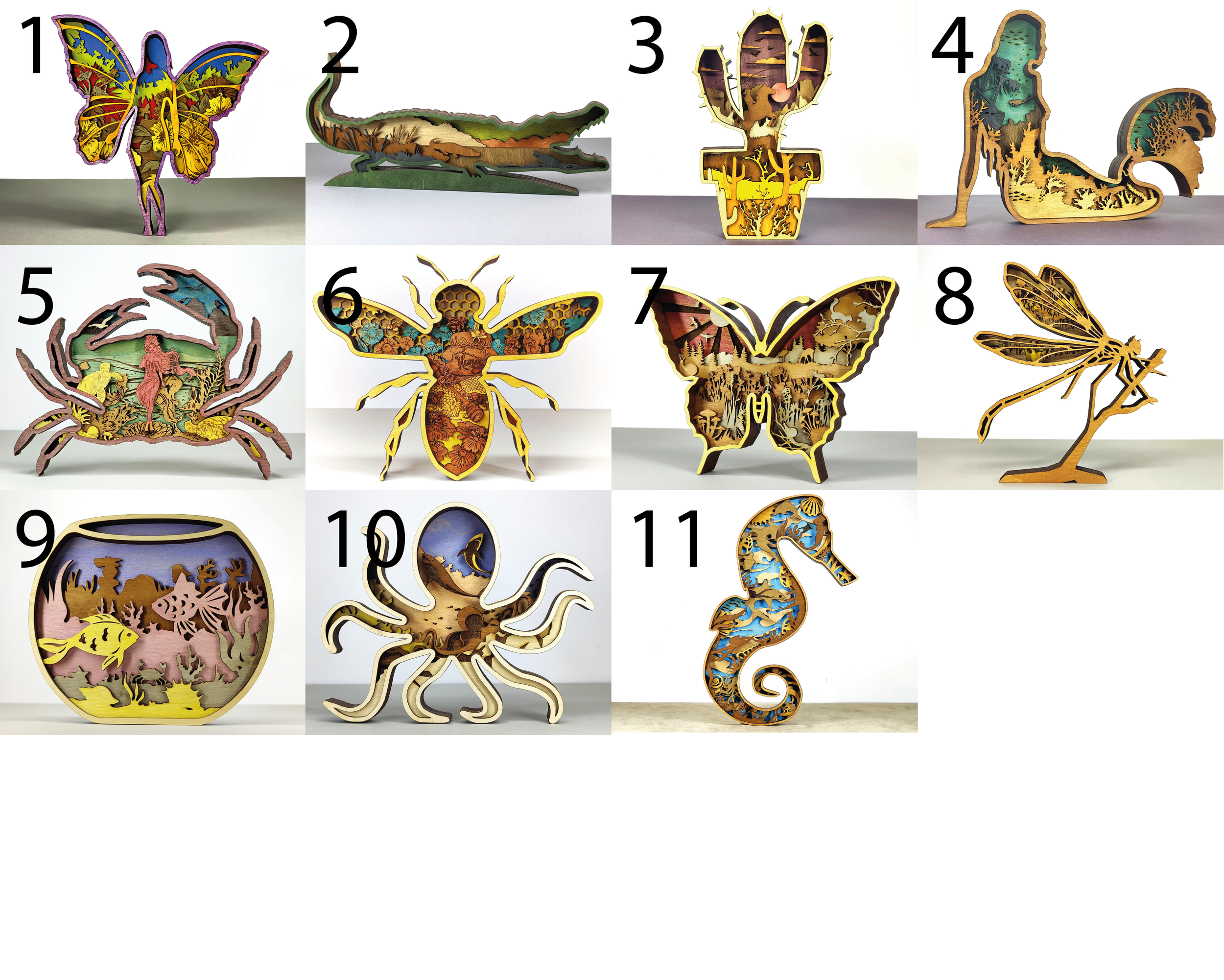 Layered Sealife, Insect, Plant Wooden Designs – Ready to Display