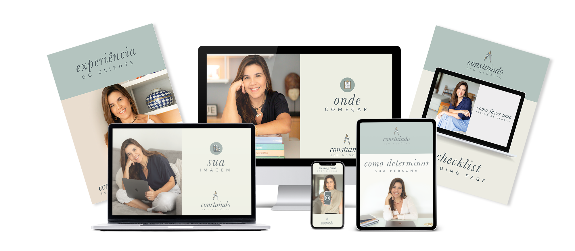 Material promocional exibindo dispositivos eletrônicos com imagens de uma mulher sorridente e textos sobre construção de negócios, incluindo temas como "experiência do cliente", "onde começar", e "como determinar sua persona".