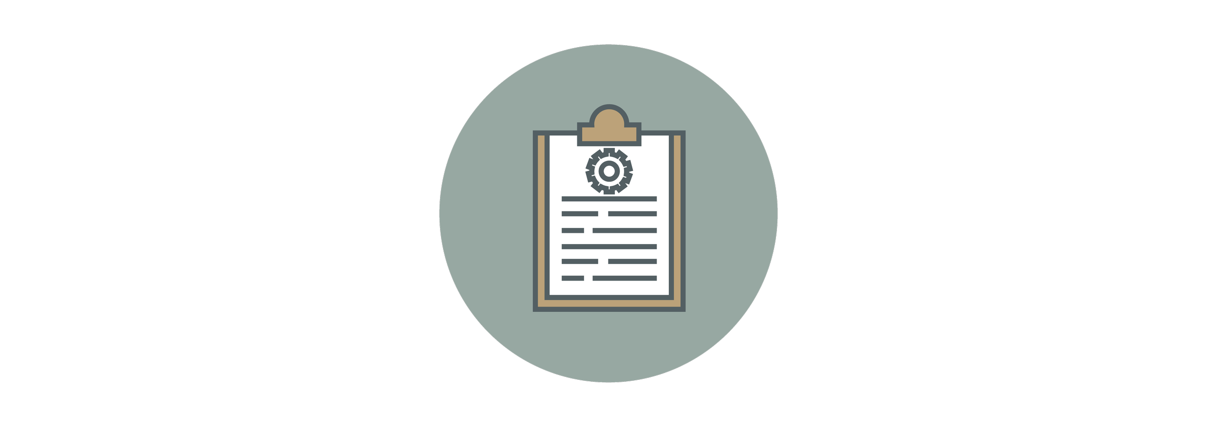 Ícone de prancheta com engrenagem e lista de tarefas em fundo cinza.