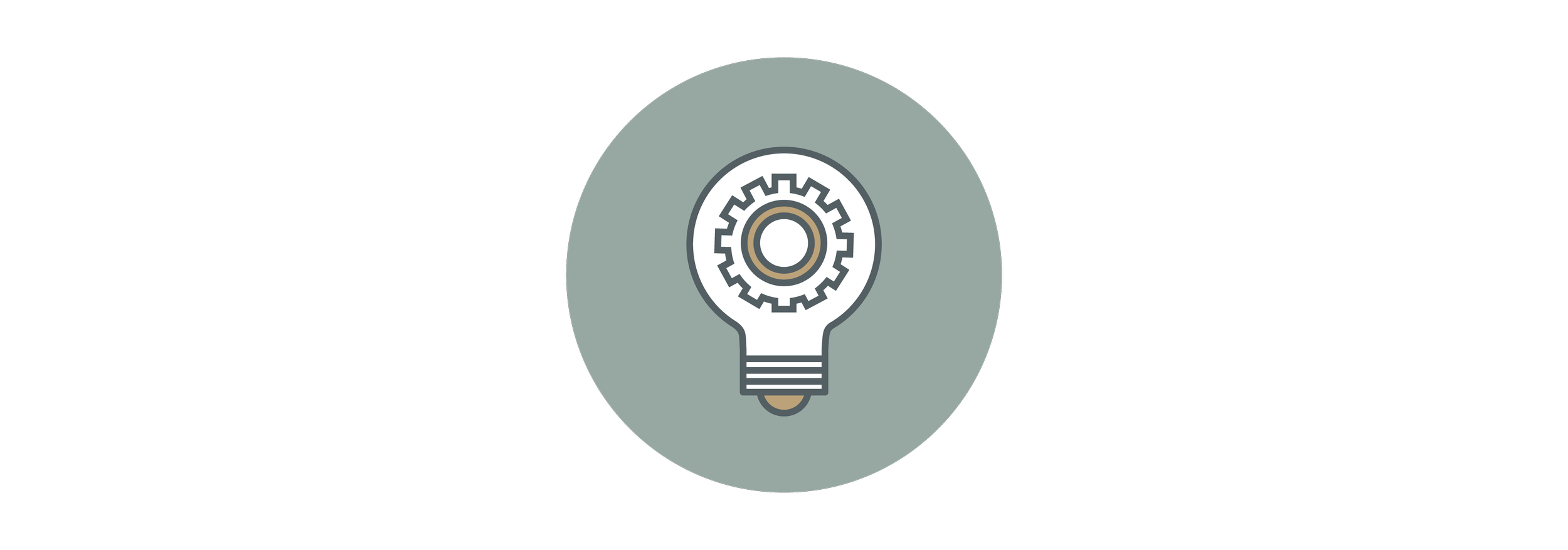 Ícone de uma lâmpada em estilo minimalista, com um engrenagem no centro, representando ideias e inovação, sobre um fundo cinza circular.