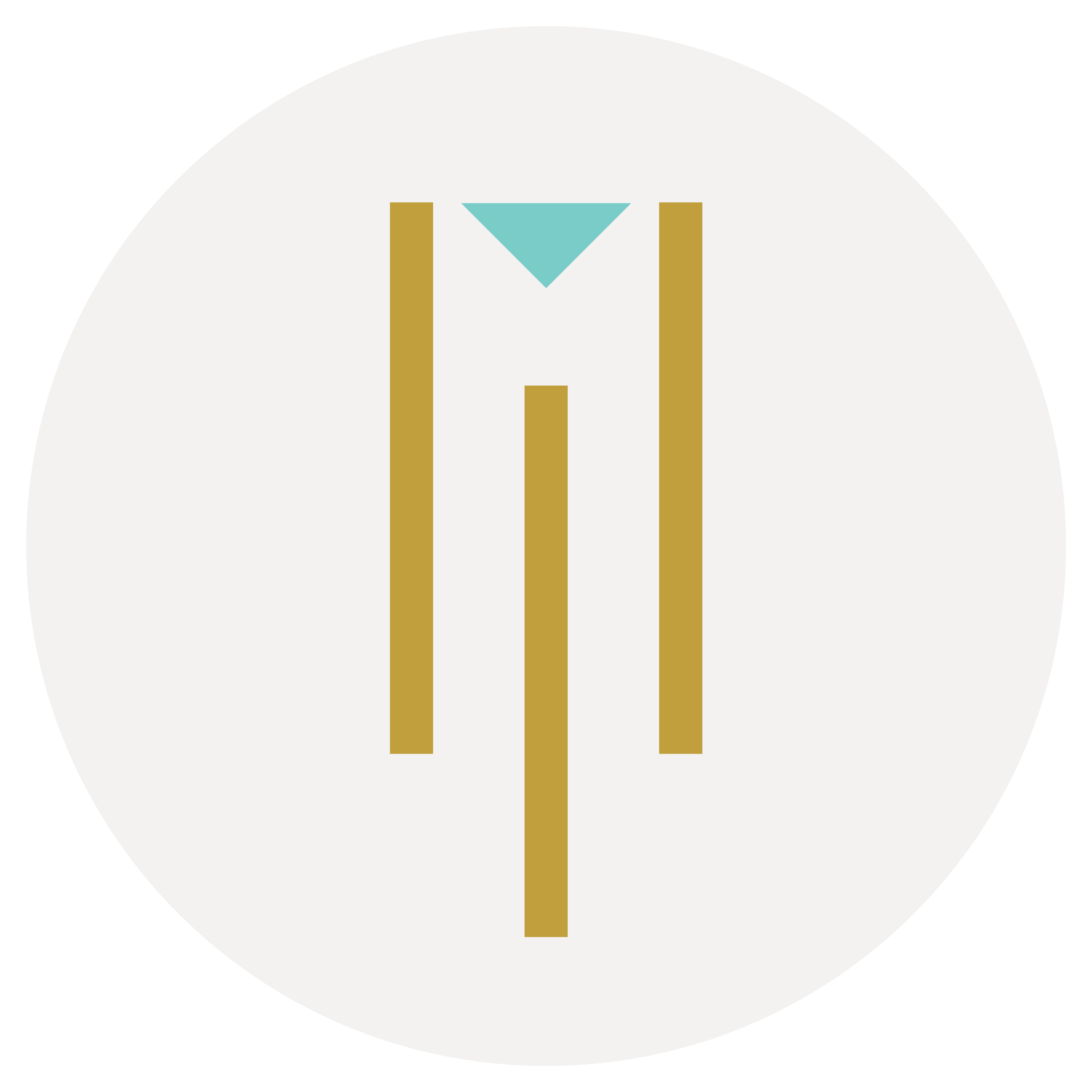 Logotipo com três linhas verticais douradas e um triângulo invertido azul claro sobre fundo branco.