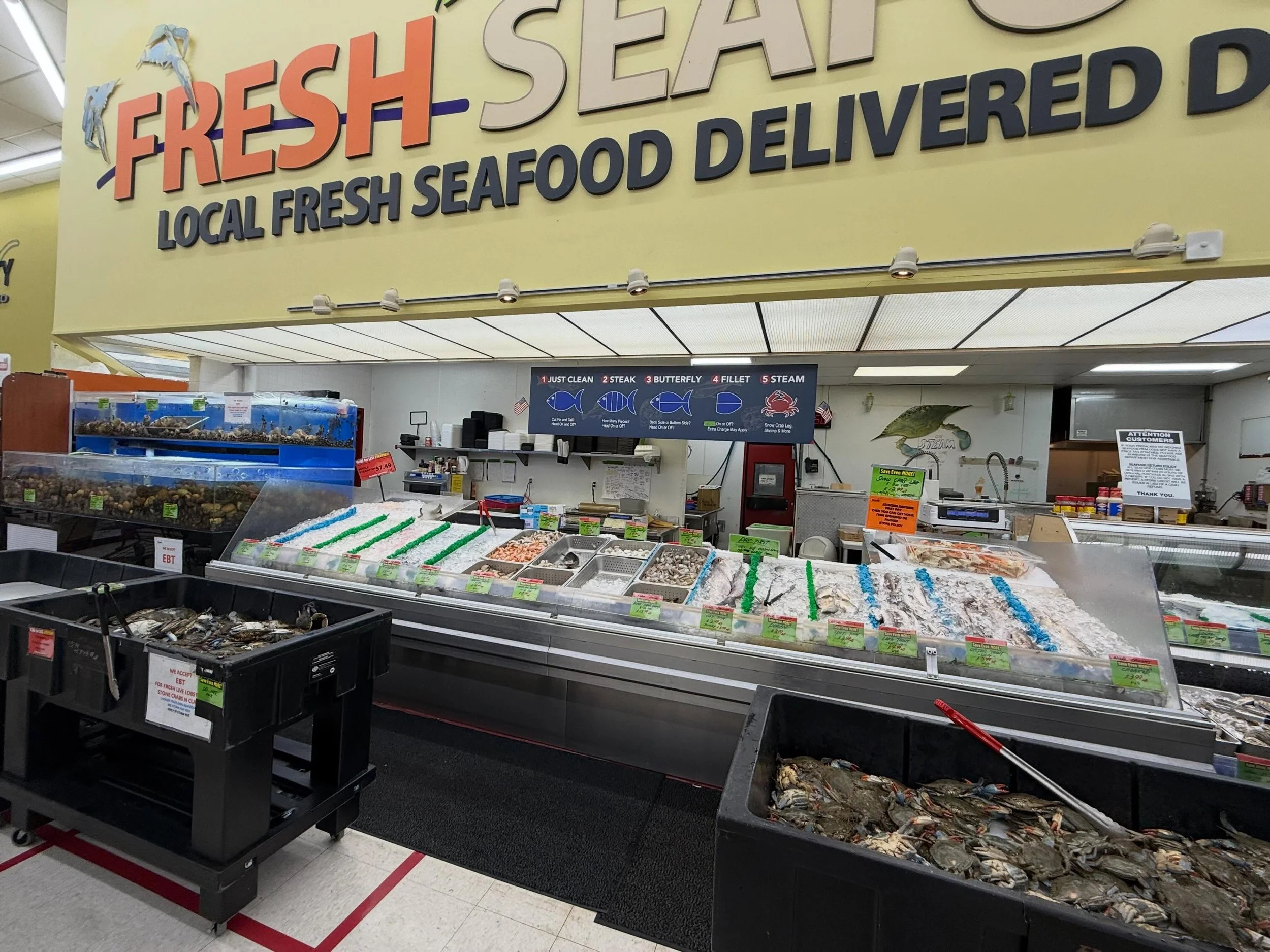 Come check out our super fresh seafood department! Female crabs only $4.99 a pound!