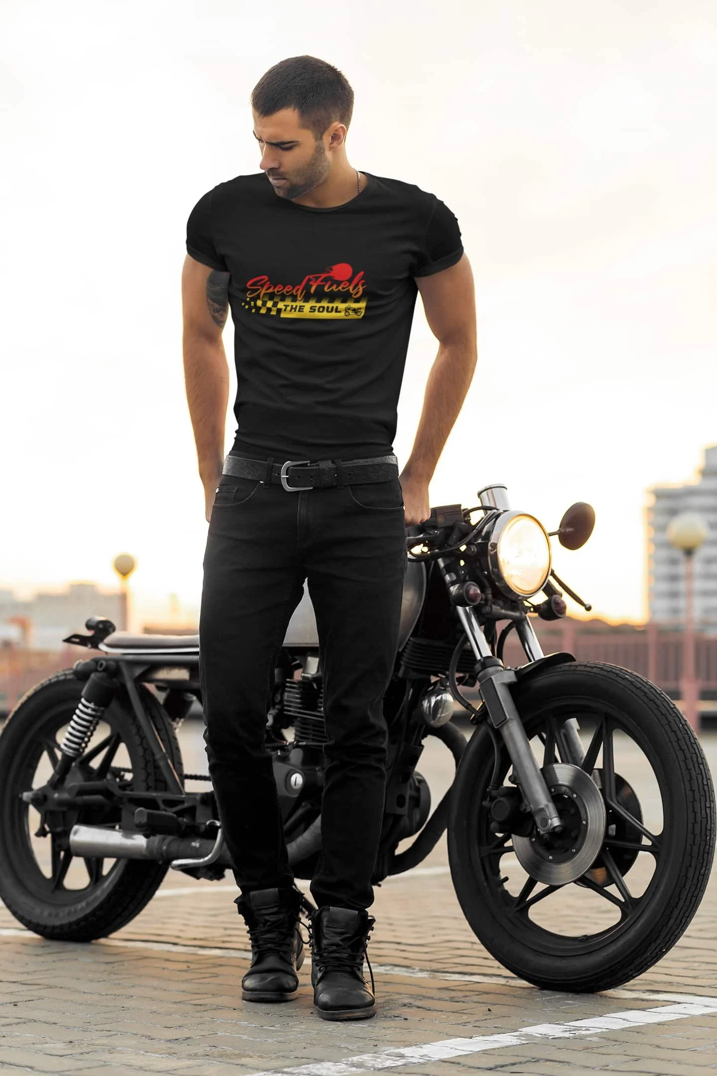 biker wearing 'speed fuels the soul' black tee