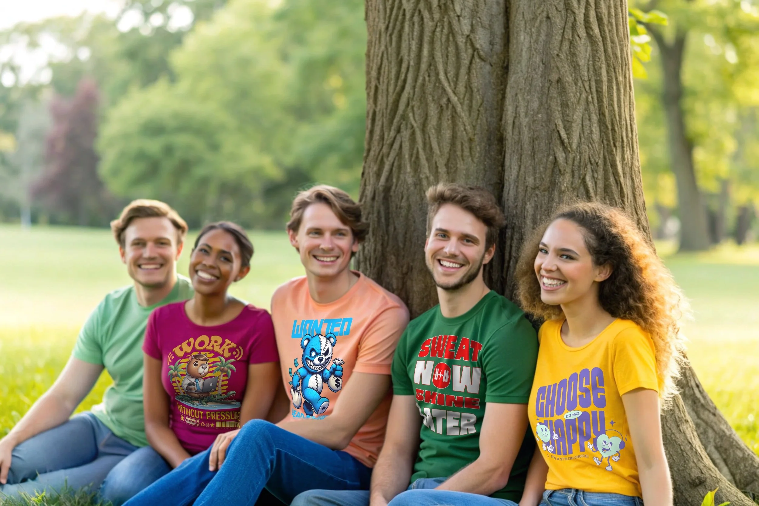 Group of five diverse young adults sitting on grass against a large tree in a park wearing colourful tee shirts, smiling.