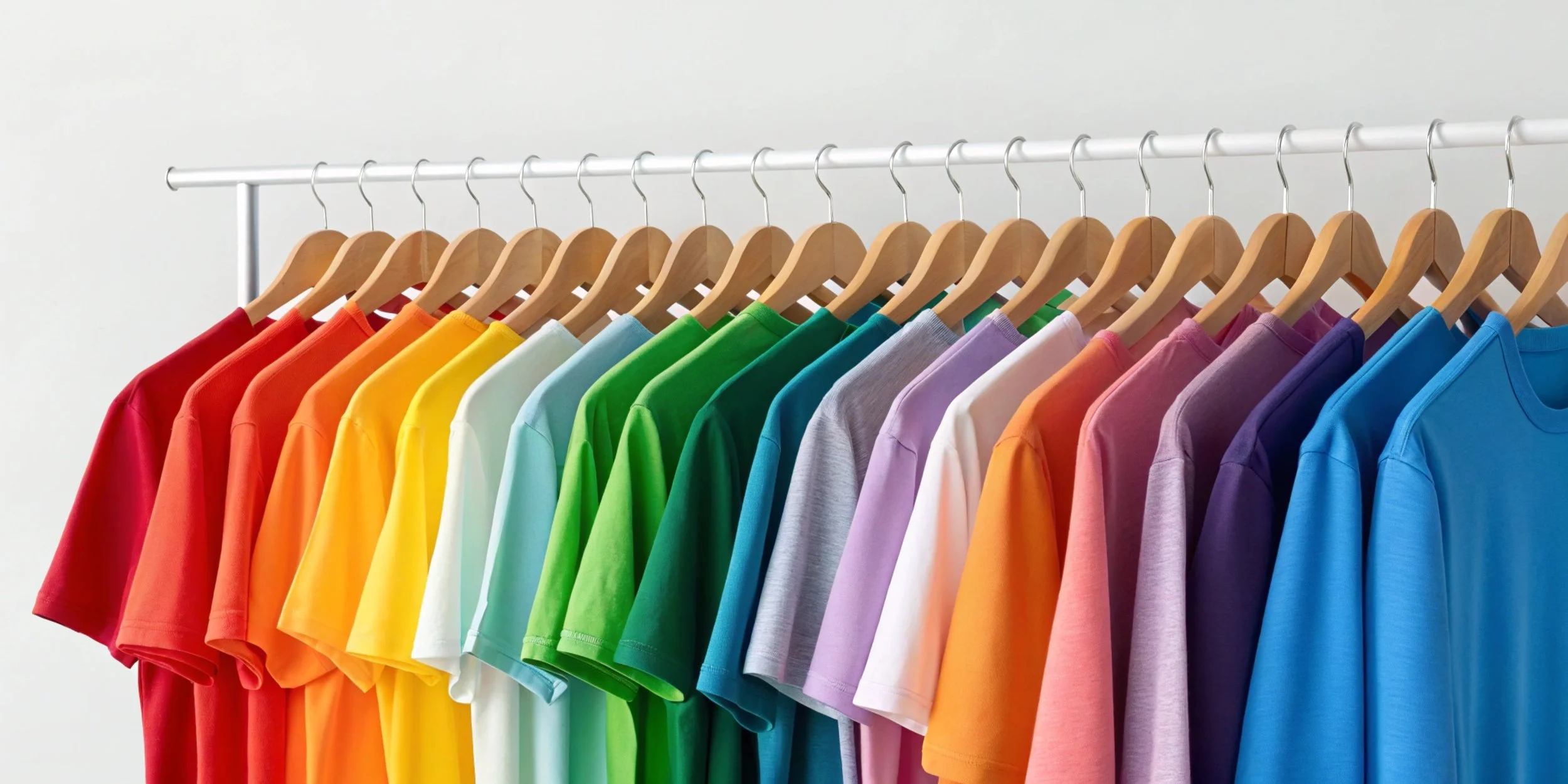 A row of colorful t-shirts hanging on wooden hangers on a white clothing rack.