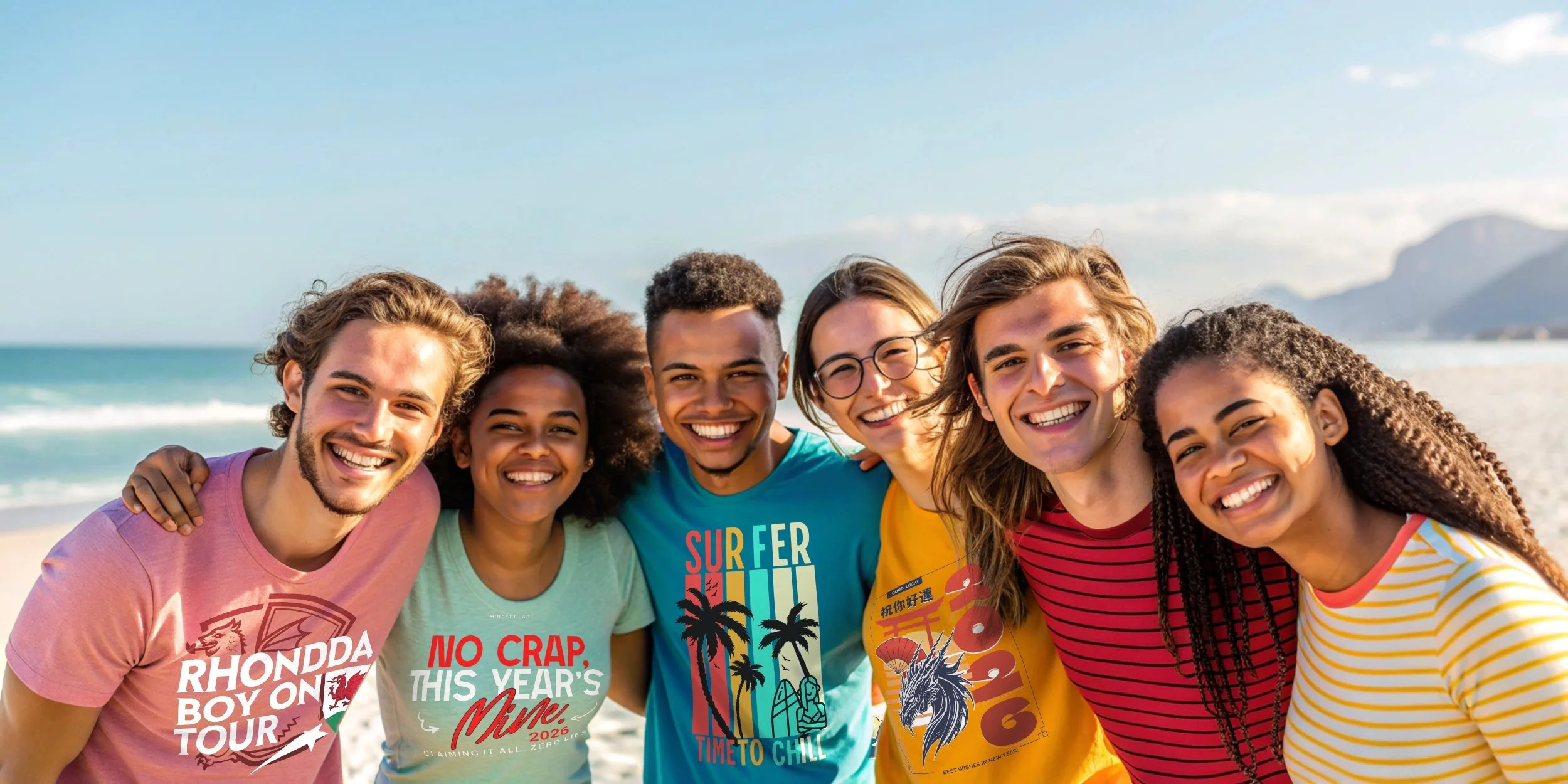 Group of seven young friends wearing colourful tee shirts, smiling on a beach, standing close with arms around each other, with the ocean and mountains in the background.