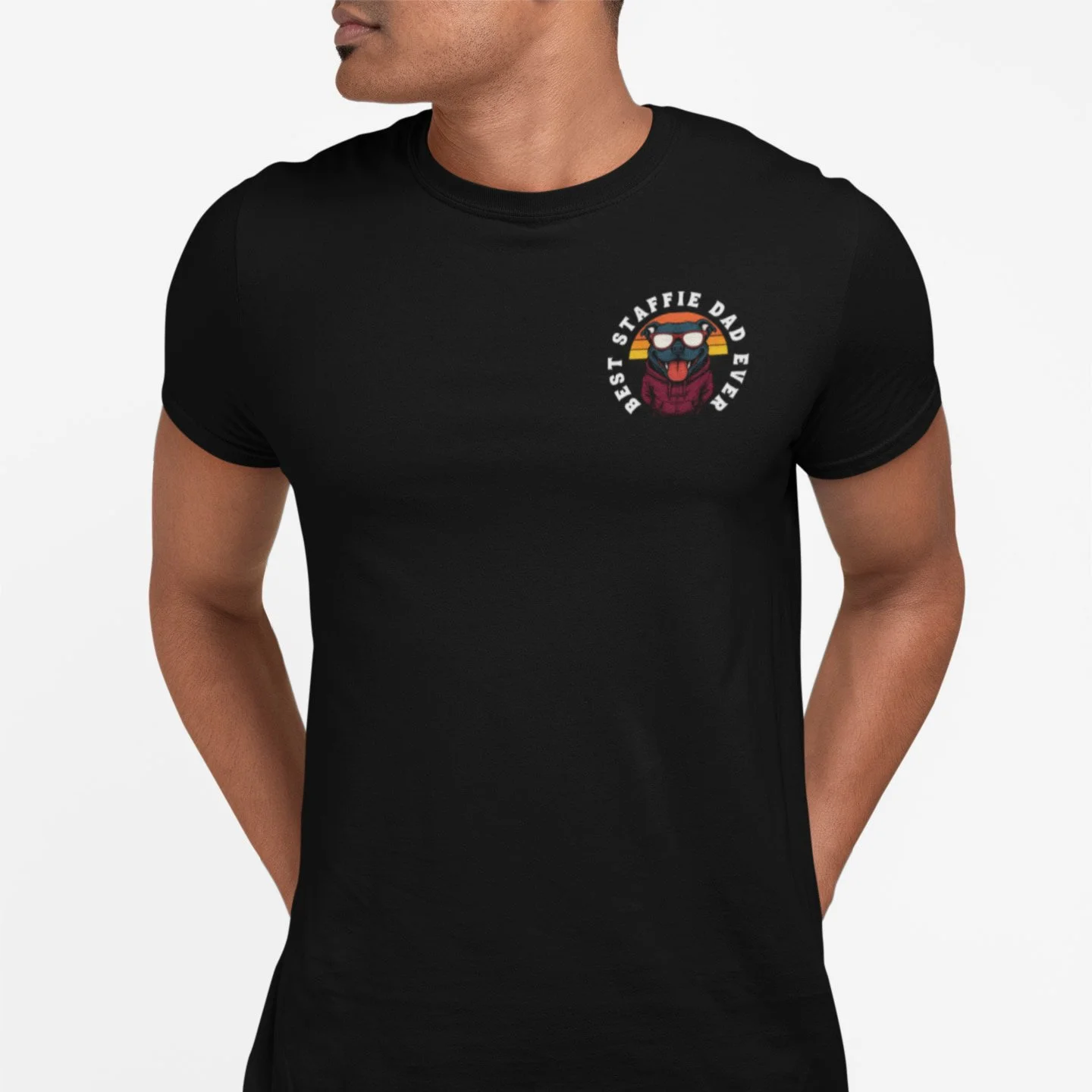 front chest tee logo worn by a model