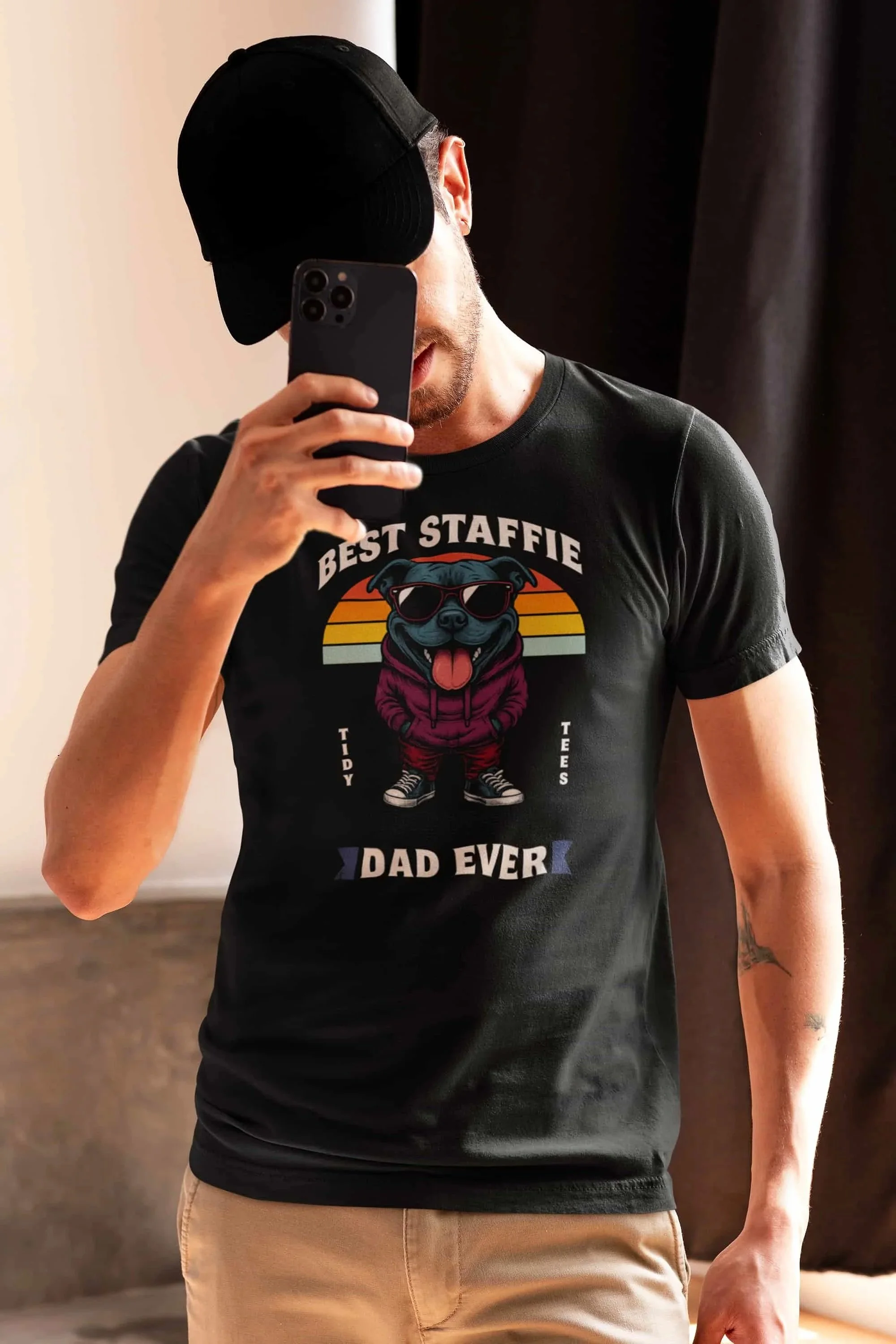 man wearing best staffie dad ever tee mockup