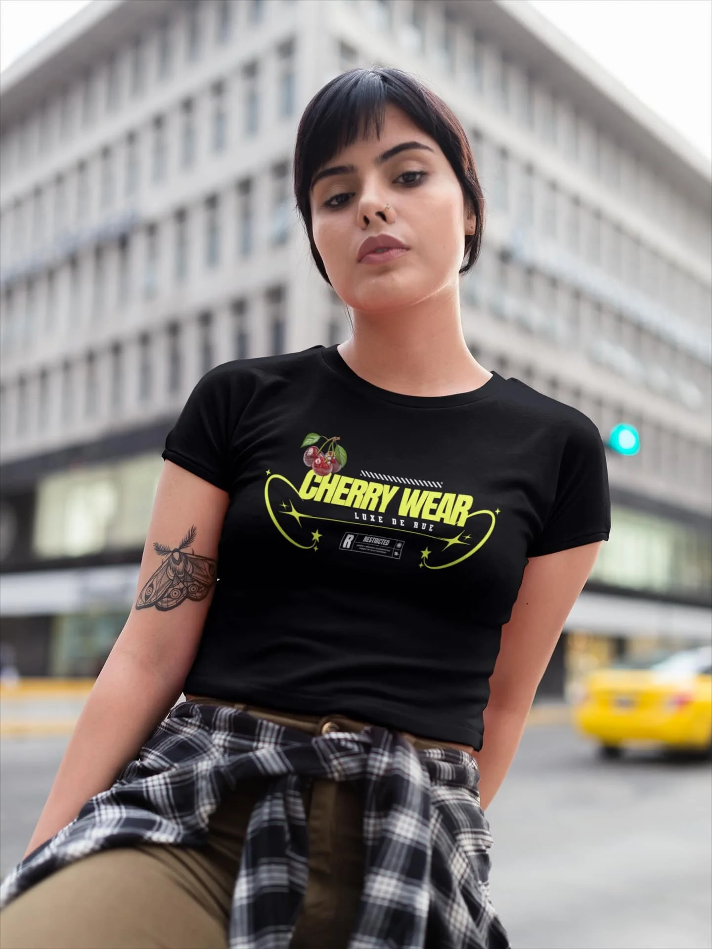 Fashion shot of Cherry Wear graphic tee on model