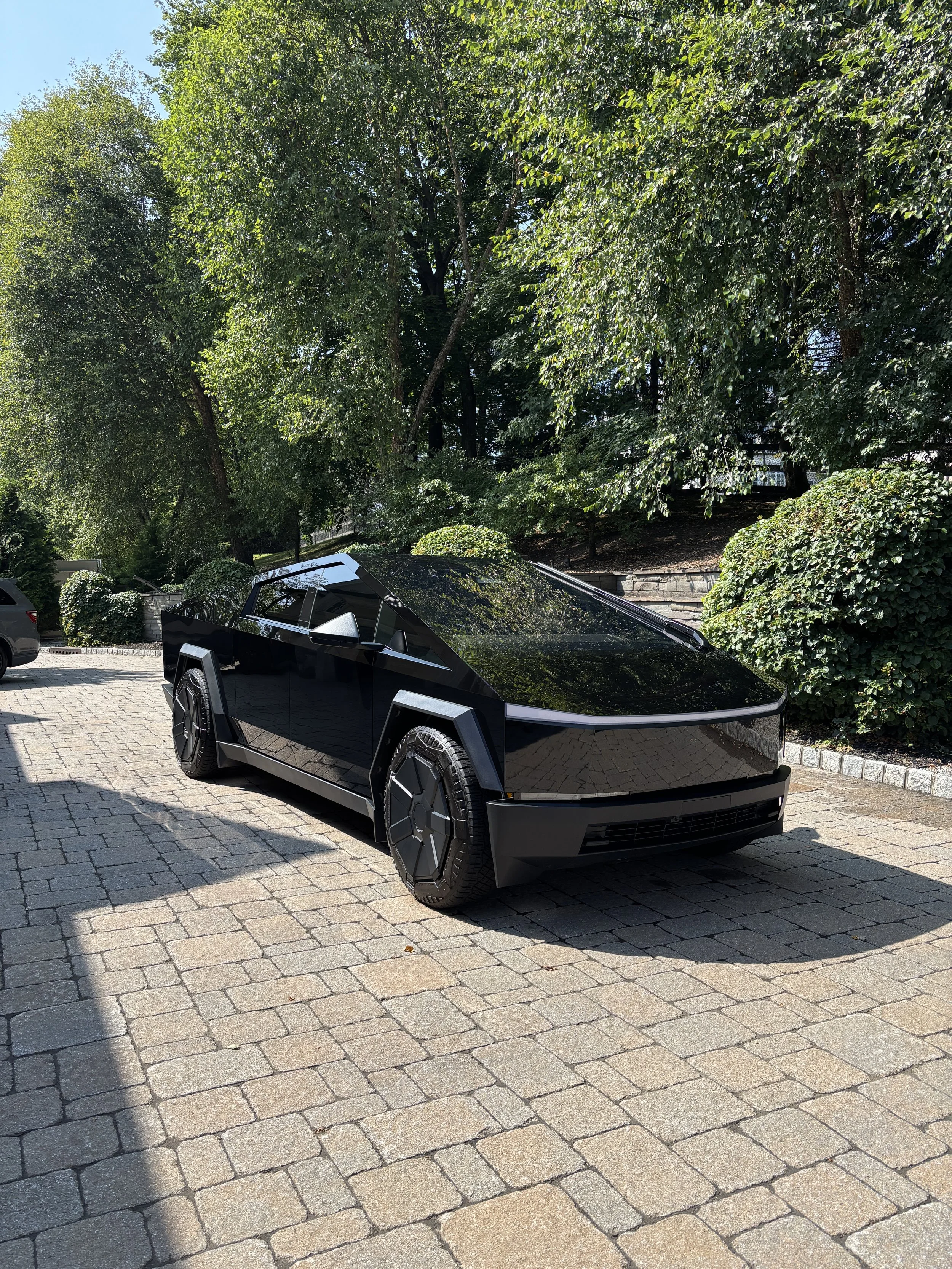 A sleek, black, futuristic electric vehicle parked on a stone-paved driveway with green trees and bushes in the background.