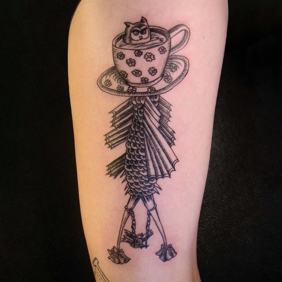 Cadavre Exquis (Exquisite Corpse) - teacup owl- tattoo- inked by Terry Marks from original artwork