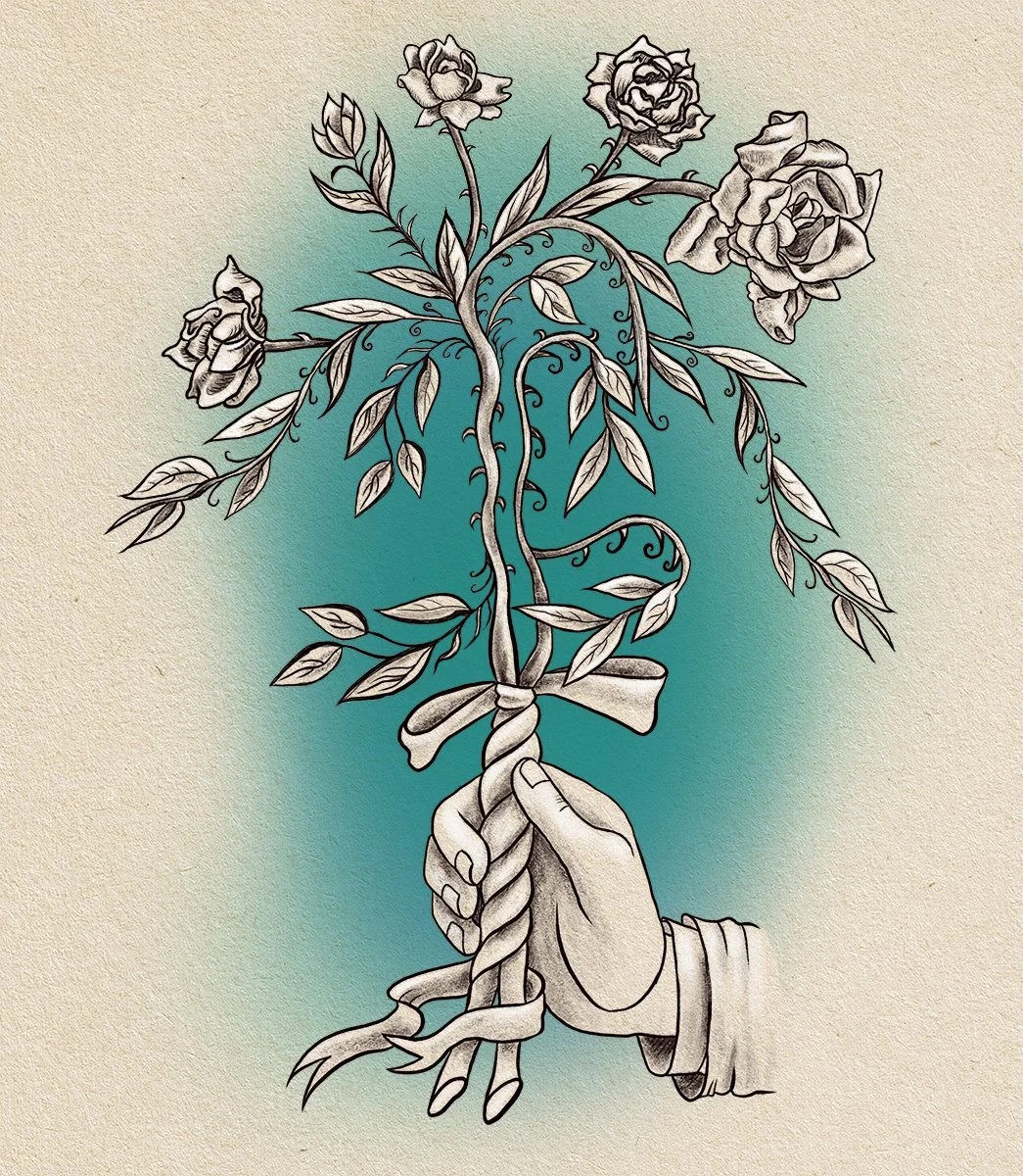 hand holding roses wrapped on ribbon branch, illustrated by Terry Marks