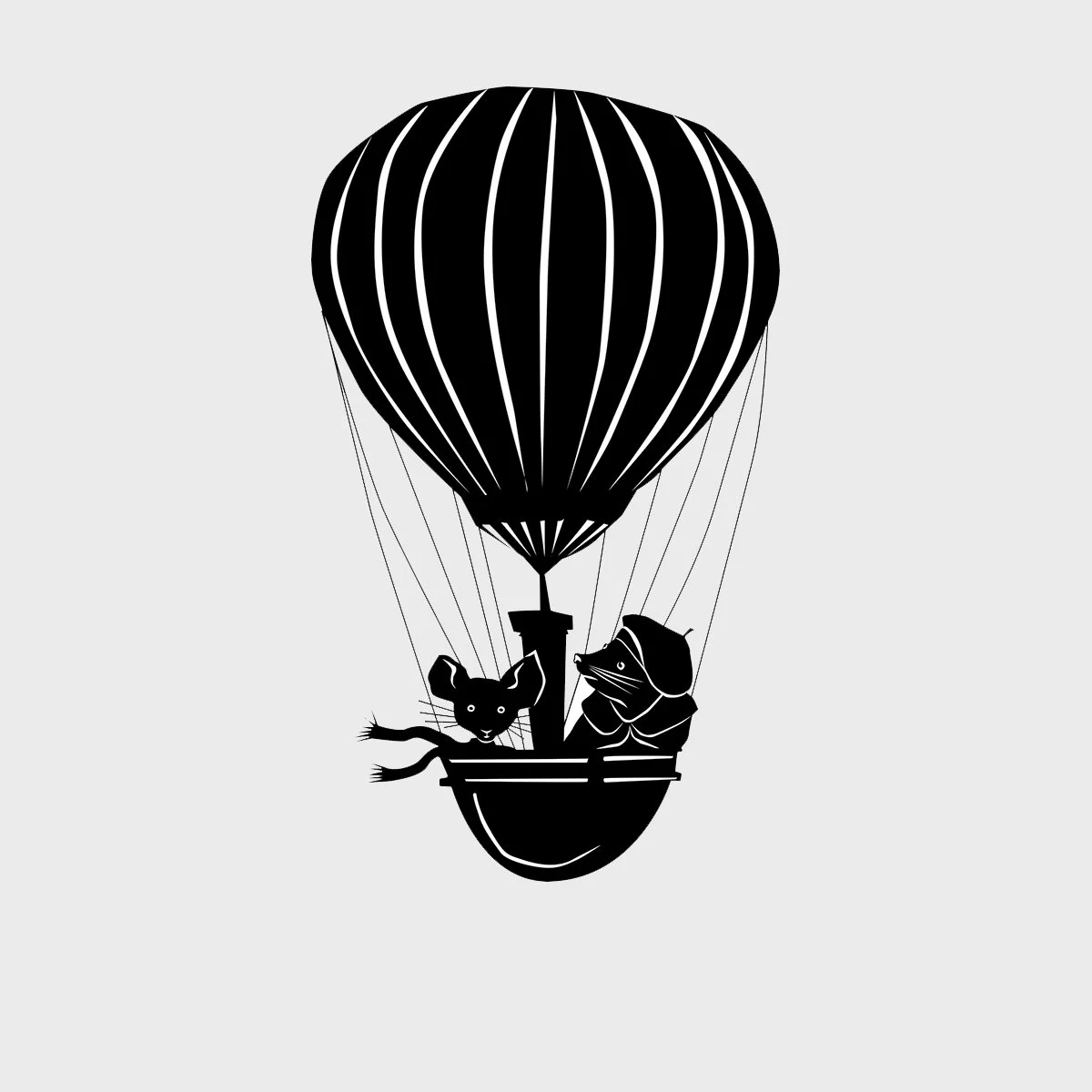 silhouette shadow drawing of hot air balloon with passenger mouse, illustrated by Terry Marks