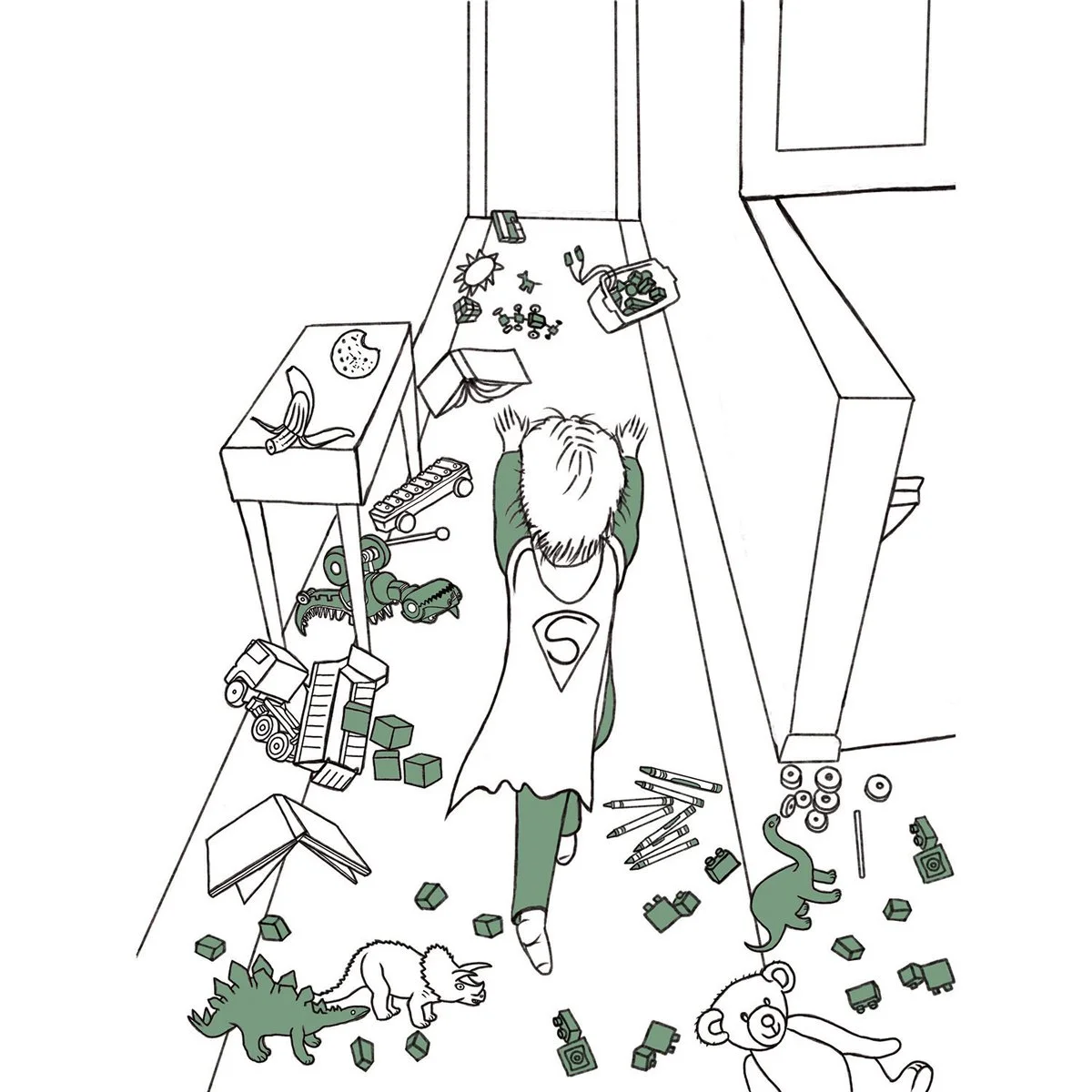 Super-Kid wreaking havoc, Dad Truths, illustrated by Terry Marks