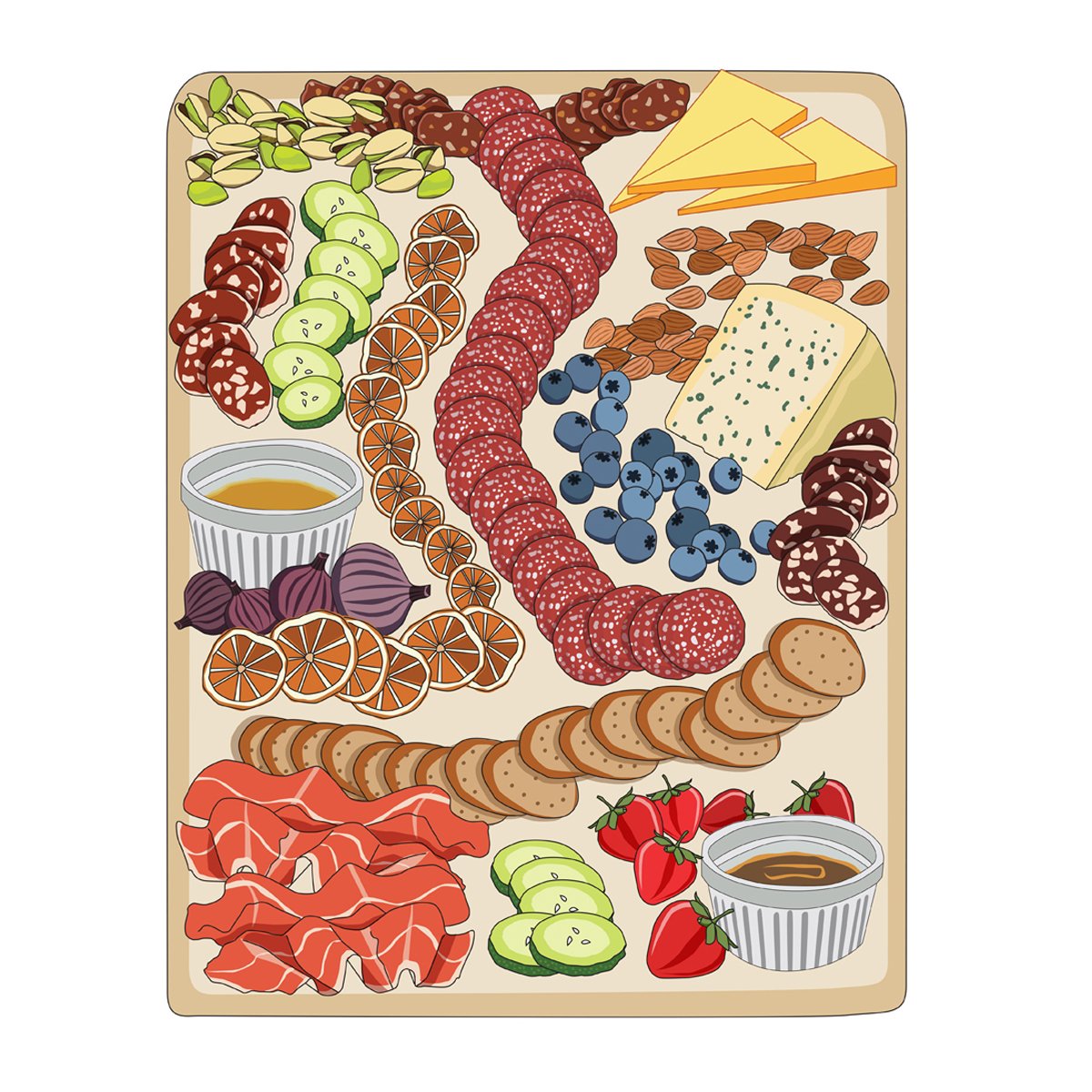 charcuterie board with pistachios, figs, cucumber and orange slices, crackers, dried sausage and sliced ham, strawberries, blueberries, cheeses and almonds, illustrated by Terry Marks