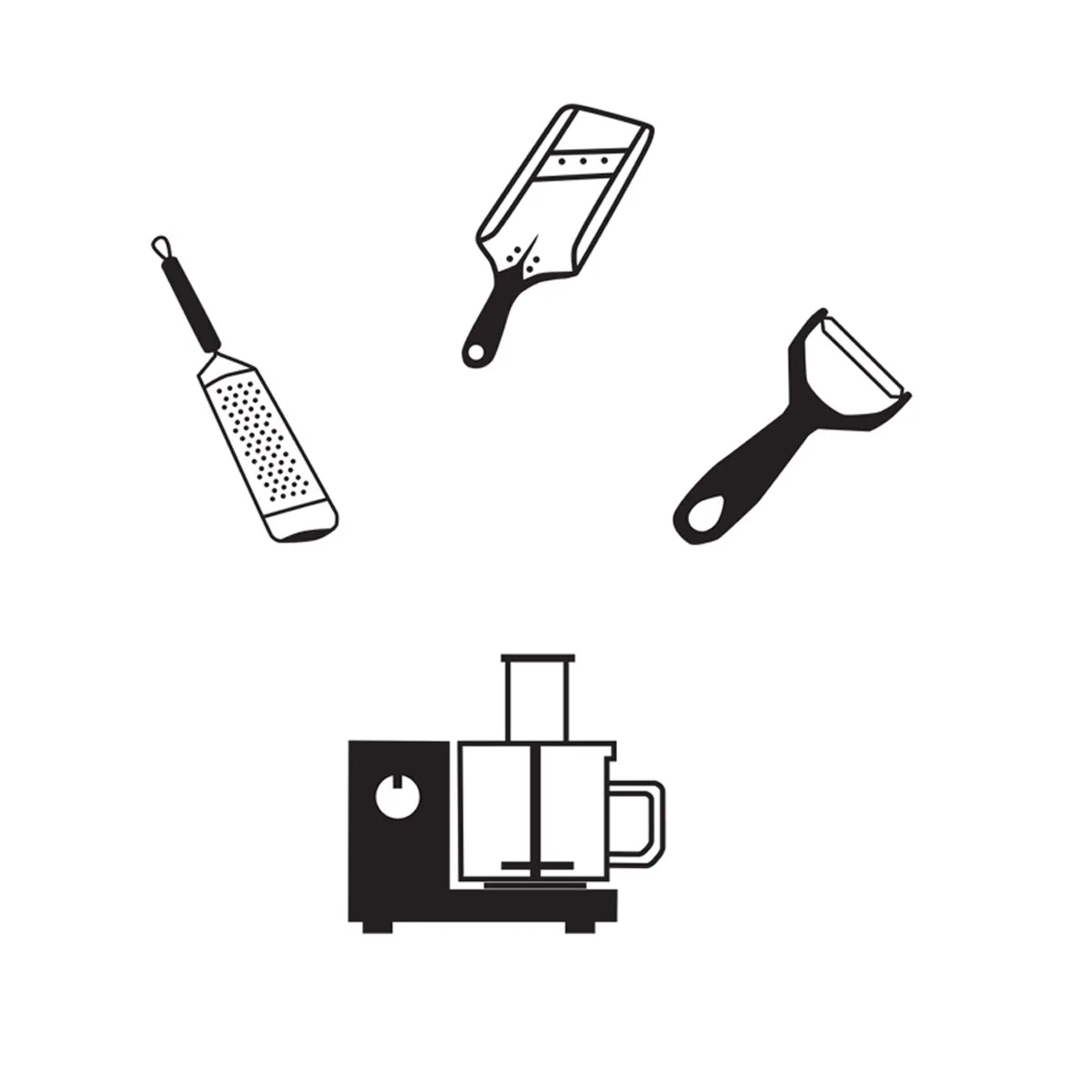 kitchen tools, graters, slicer, coffee pot, illustration by Terry Marks