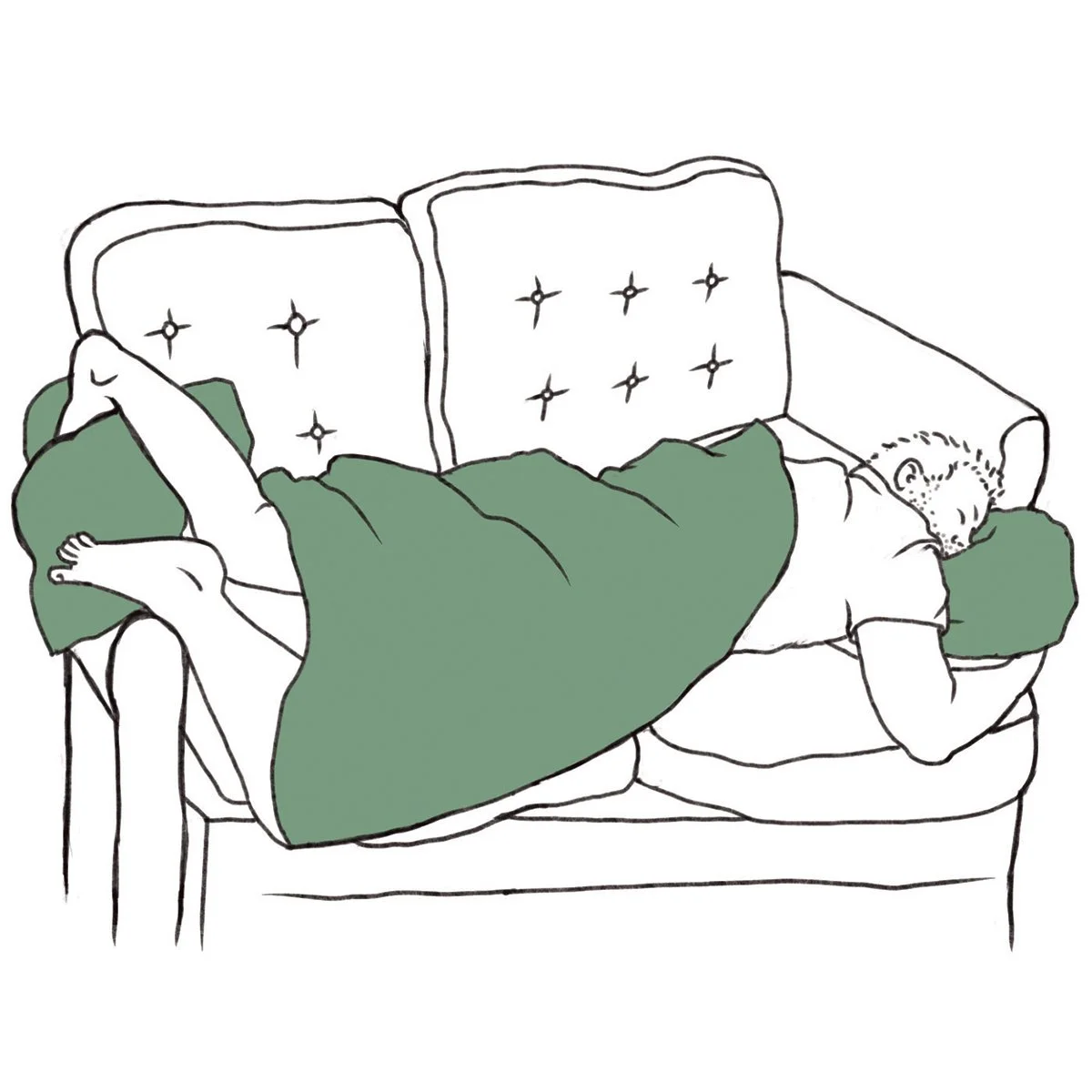 exhausted man sleeping on couch, line drawing for Dad Truths, illustrated by Terry Marks